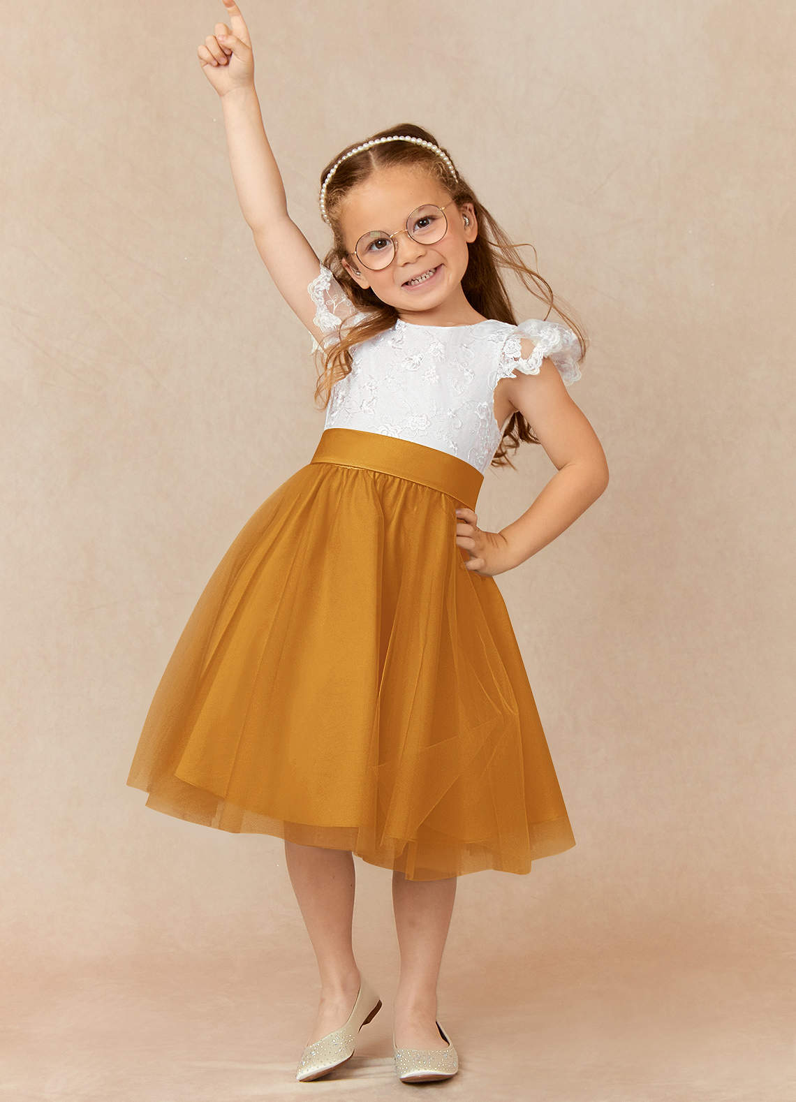 Azazie Vetty Flower Girl Dresses Ivory Butterscotch A-Line Lace Tulle Dress image1
