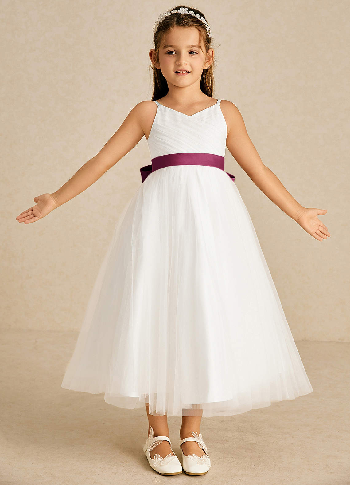 Azazie Lea vestidos de niña de las flores Vestido de Mora de Tul de Corte En A con Tirante Espagueti image1
