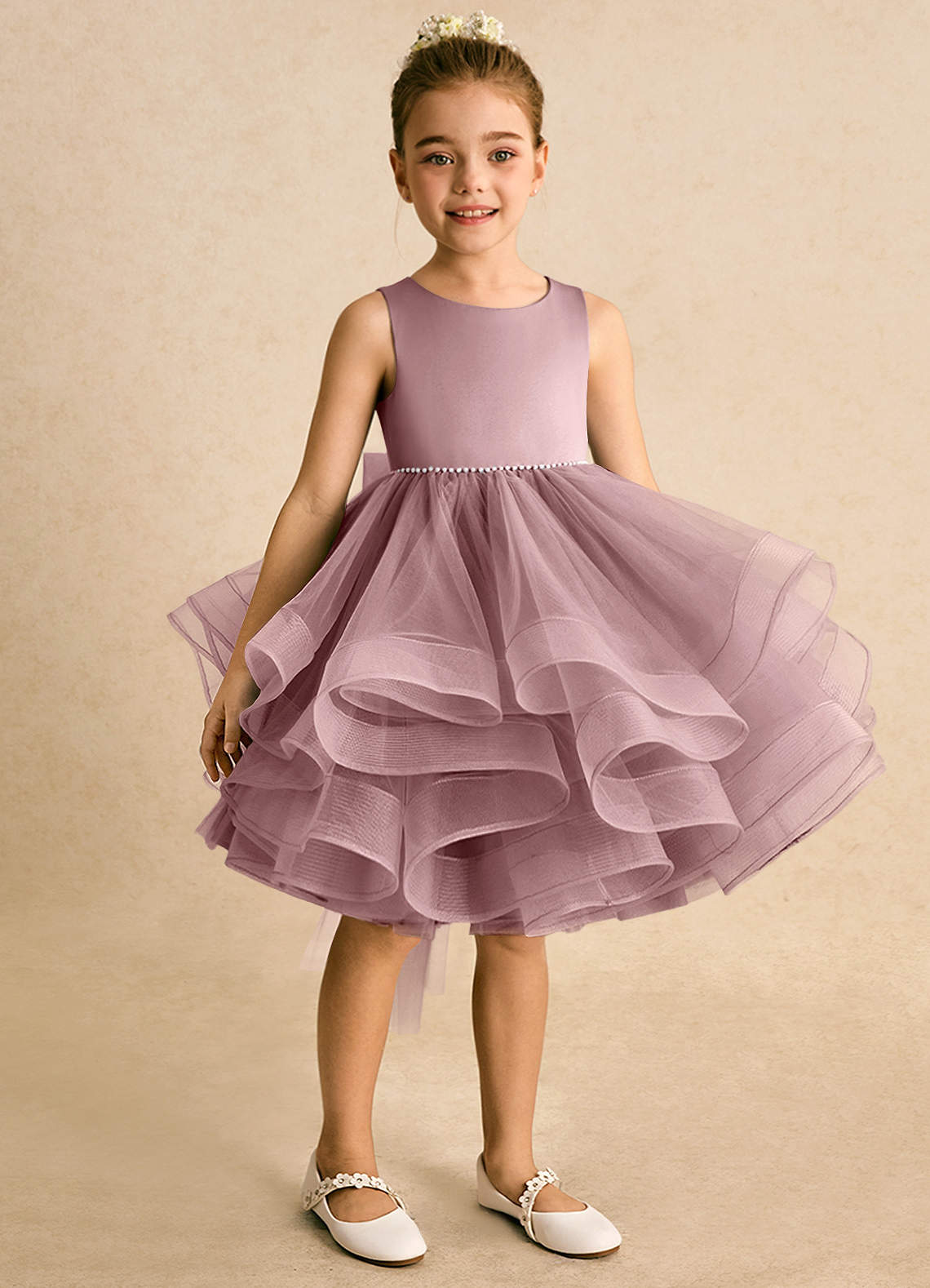 Azazie Tinie Flower Girl Dresses Dusty Rose Ball-Gown Bow Tulle Dress image1