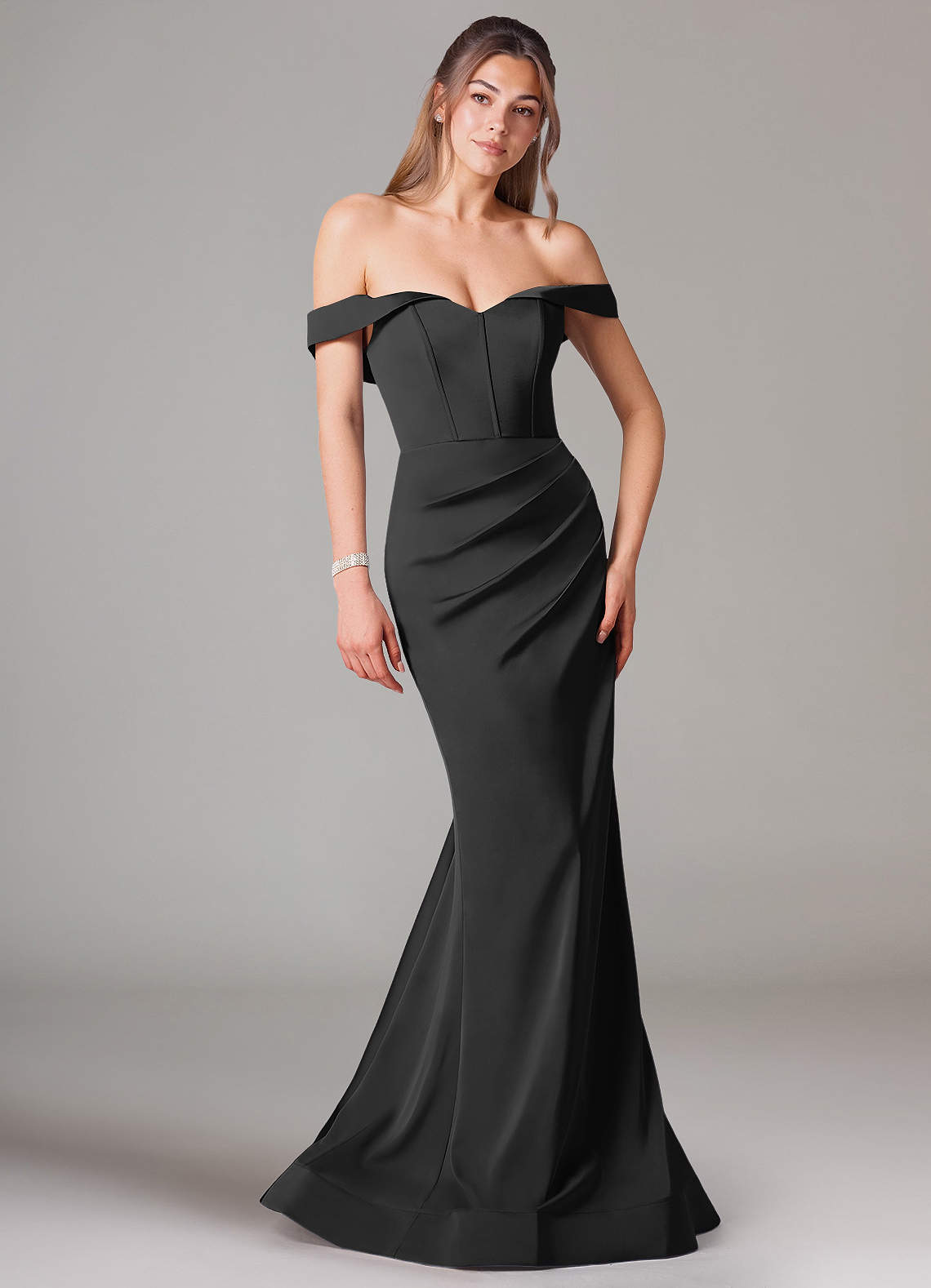 Azazie Everly Bridesmaid Dresses Black Mermaid Off the Shoulder Stretch Satin Convertible Dress image1
