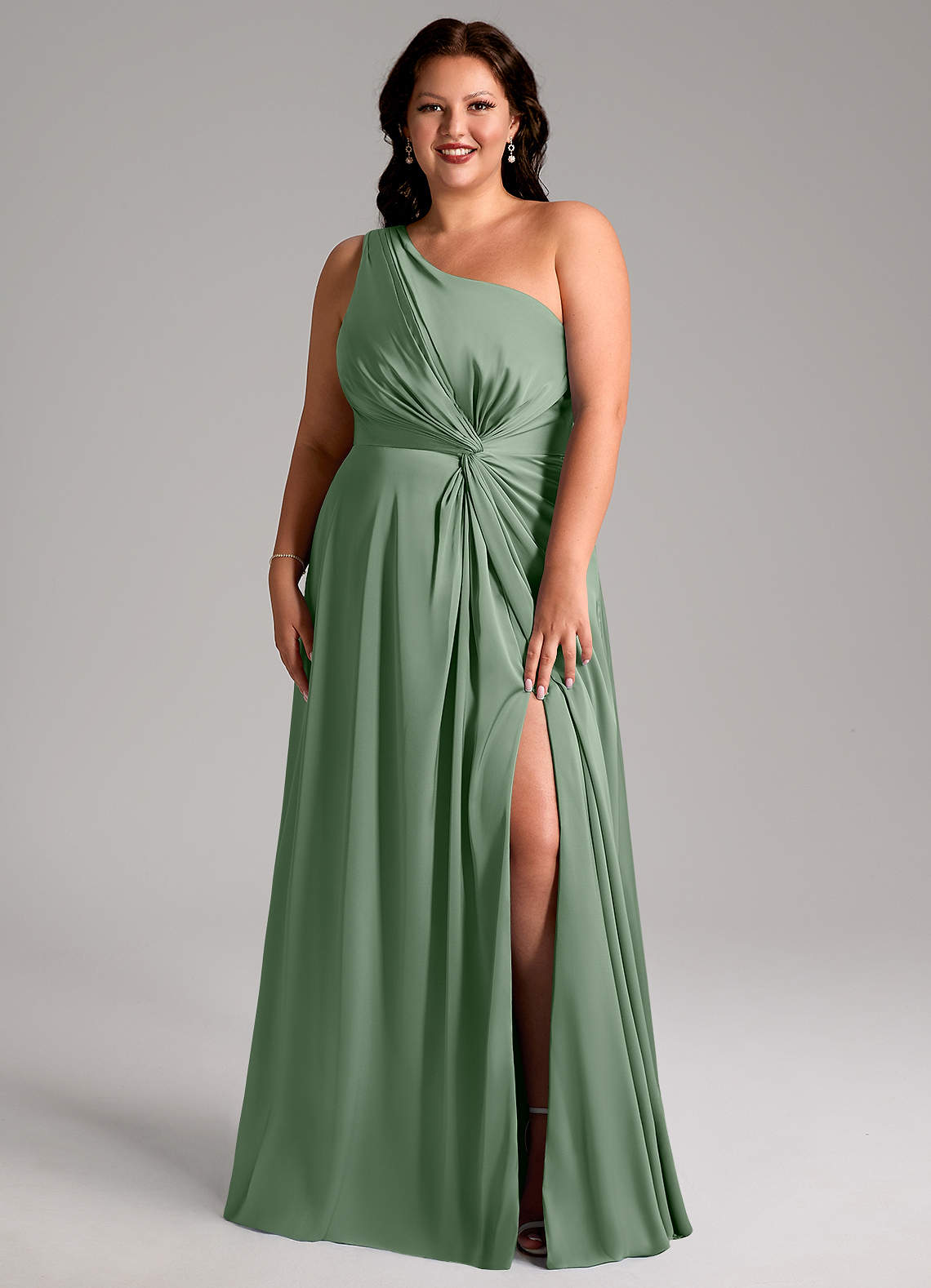 Azazie Brooke Jurken voor bruidsmeisjes Jurk van Stretch Satijn met A-Lijn One-Shoulder Matcha image7