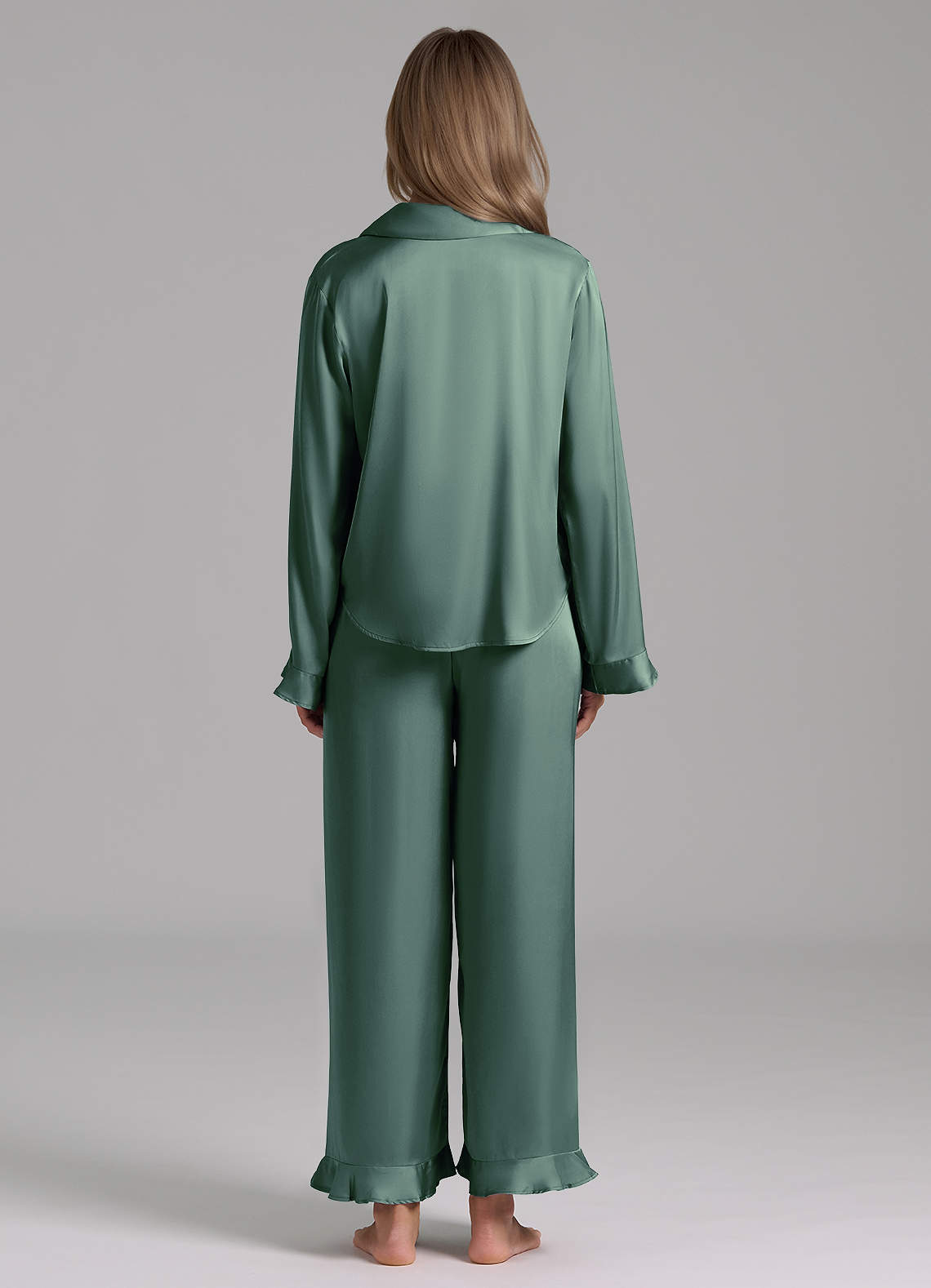 front Matching Color Ruffled Satin Long Sleeve Pajama Set