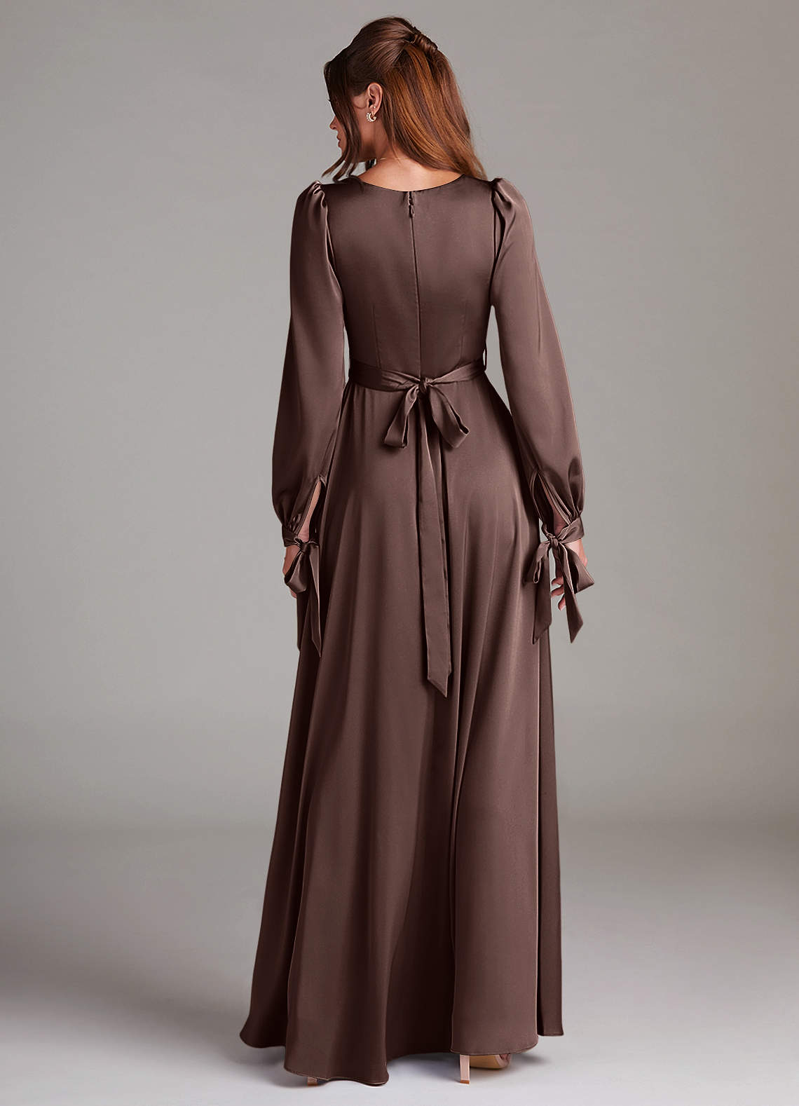 Azazie Leonia Bridesmaid Dresses Ganache A-Line Long Sleeve Stretch Satin Dress image1