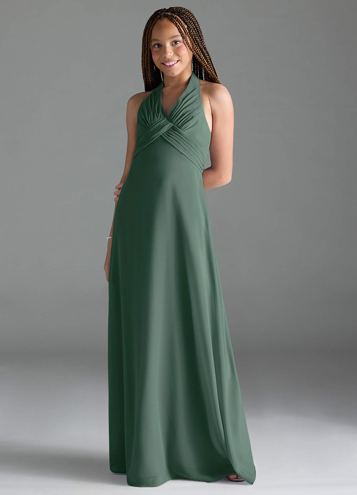 Azazie Tessie Junior Sea Moss A-Line Pleated Chiffon Dress image1