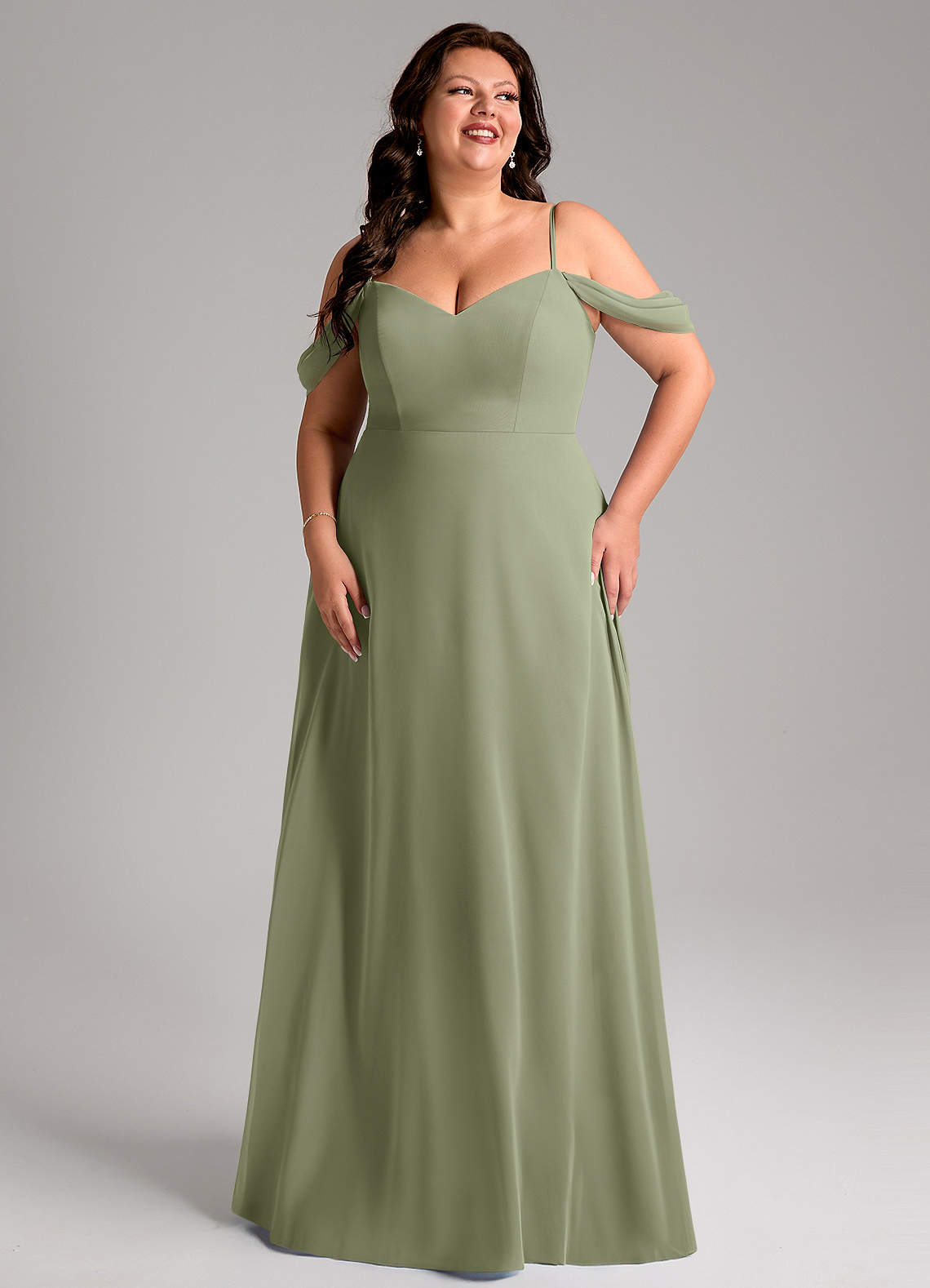 Azazie Marley Vestidos de madrinha de casamento Vestido Pistache de Chiffon de Linha A com Fora do ombro image12