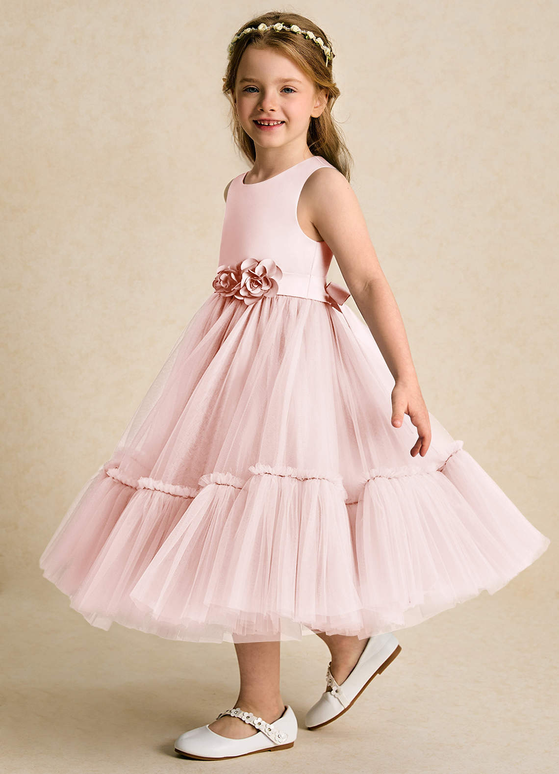Azazie Miracle Flower Girl Dresses Blushing Pink A-Line Bow Matte Satin Dress image2