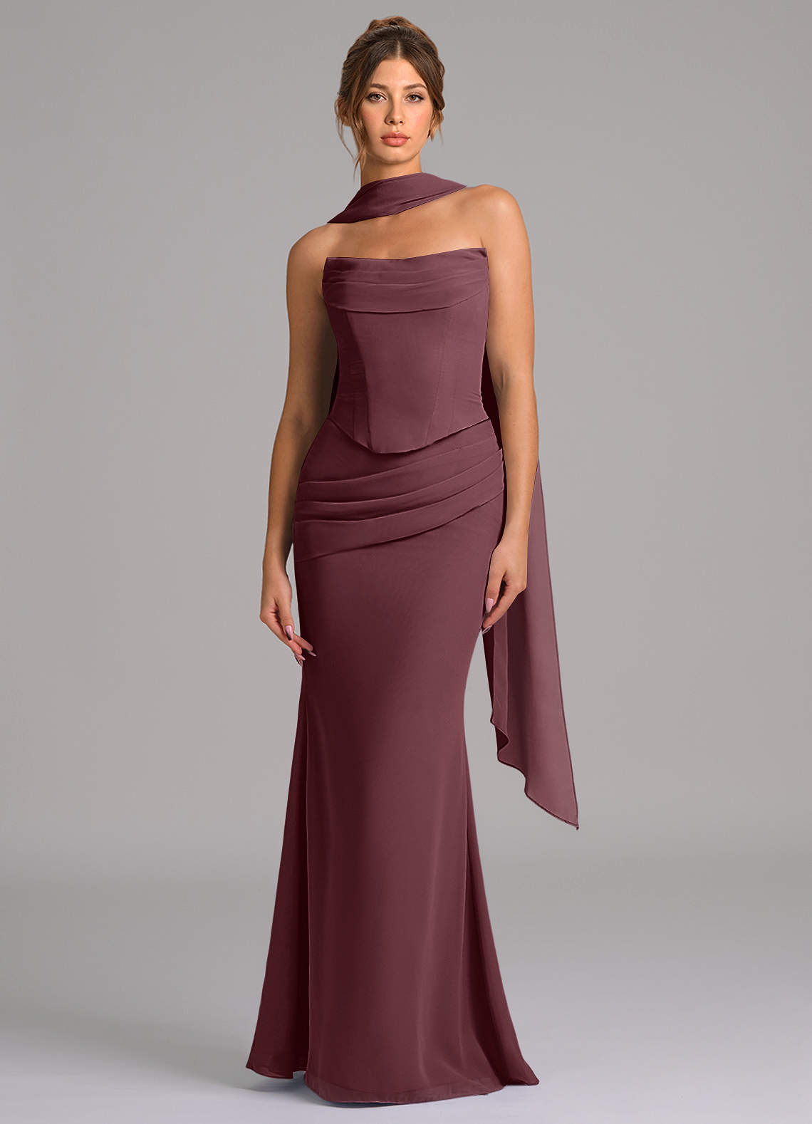 Azazie Sorrel Jurken voor bruidsmeisjes Jurk van Chiffon met Zeemeermin Korset Sangria image3