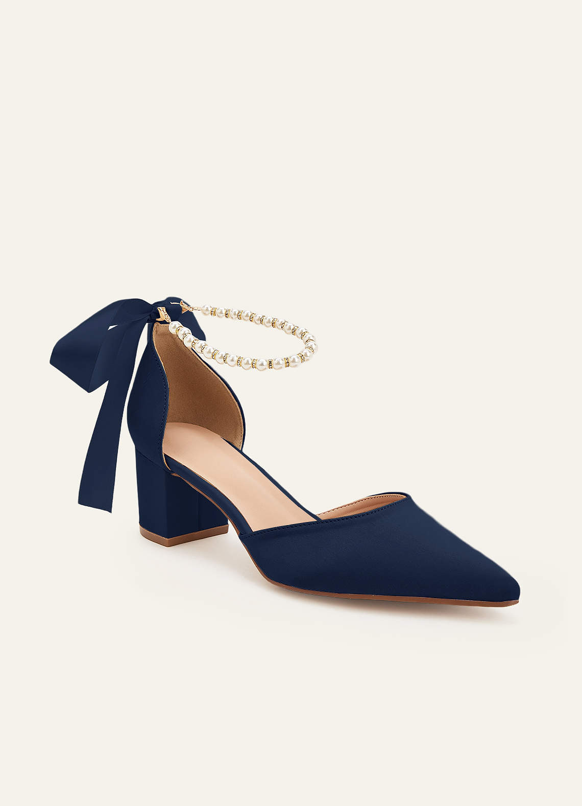 front Escarpins à bout pointu en satin mat de couleur assortie avec perles et nœud