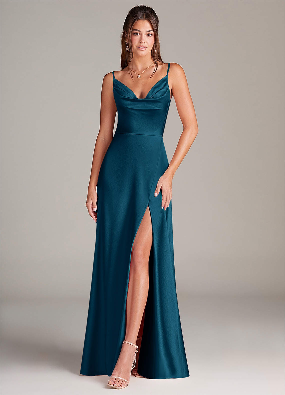 Azazie Sarella Brautjungfernkleider A-Linie Plissee Stretch-Satin Kleid Tintenblau image1