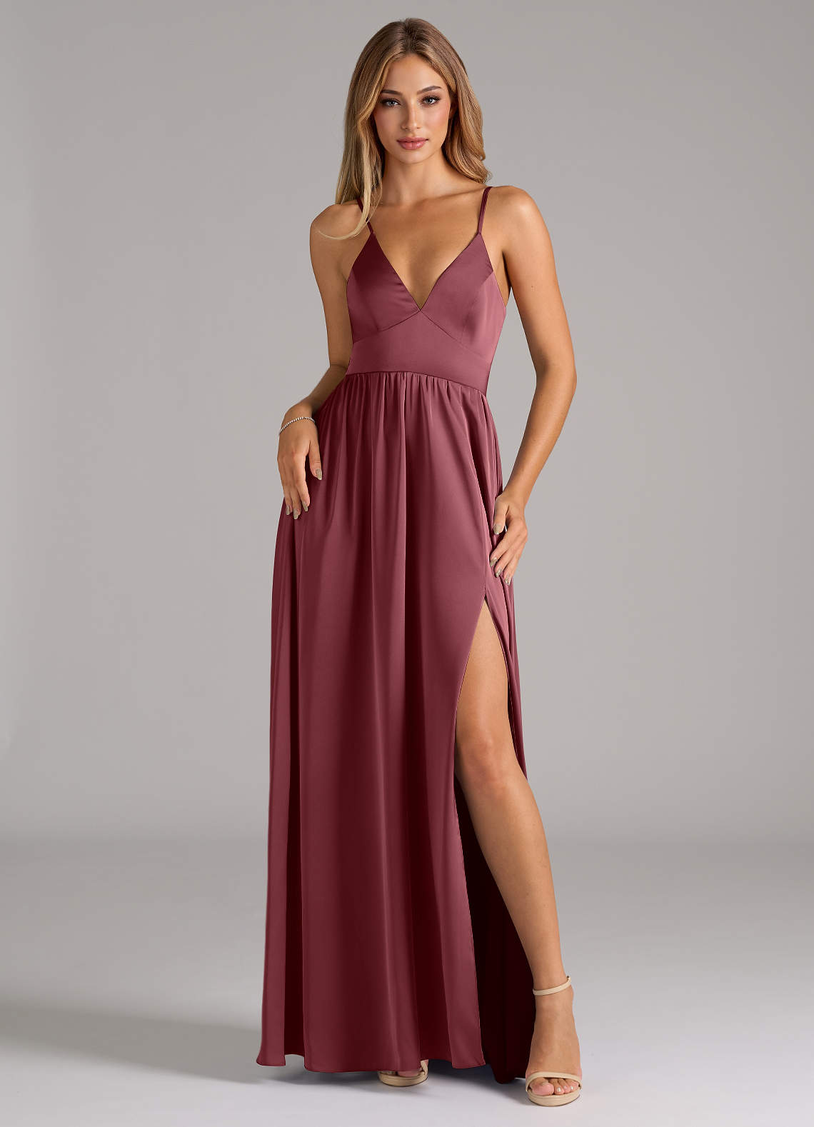 Azazie Aaida Bridesmaid Dresses Desert Rose A-Line Corset Stretch Satin Dress image1