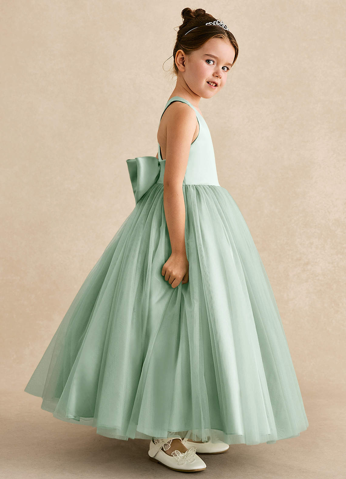 Azazie Peanut Robe Demoiselle D'honneur Fillette Robe Trapèze en Tulle Bretelle Agave image2