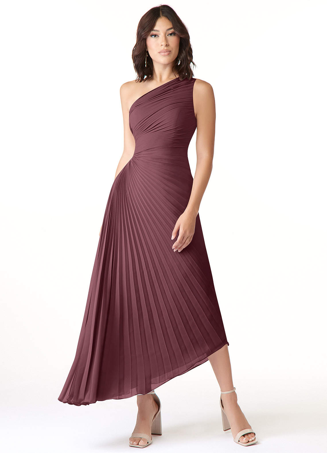 Azazie Kirra Bridesmaid Dresses Sangria A-Line One Shoulder Chiffon Dress image1