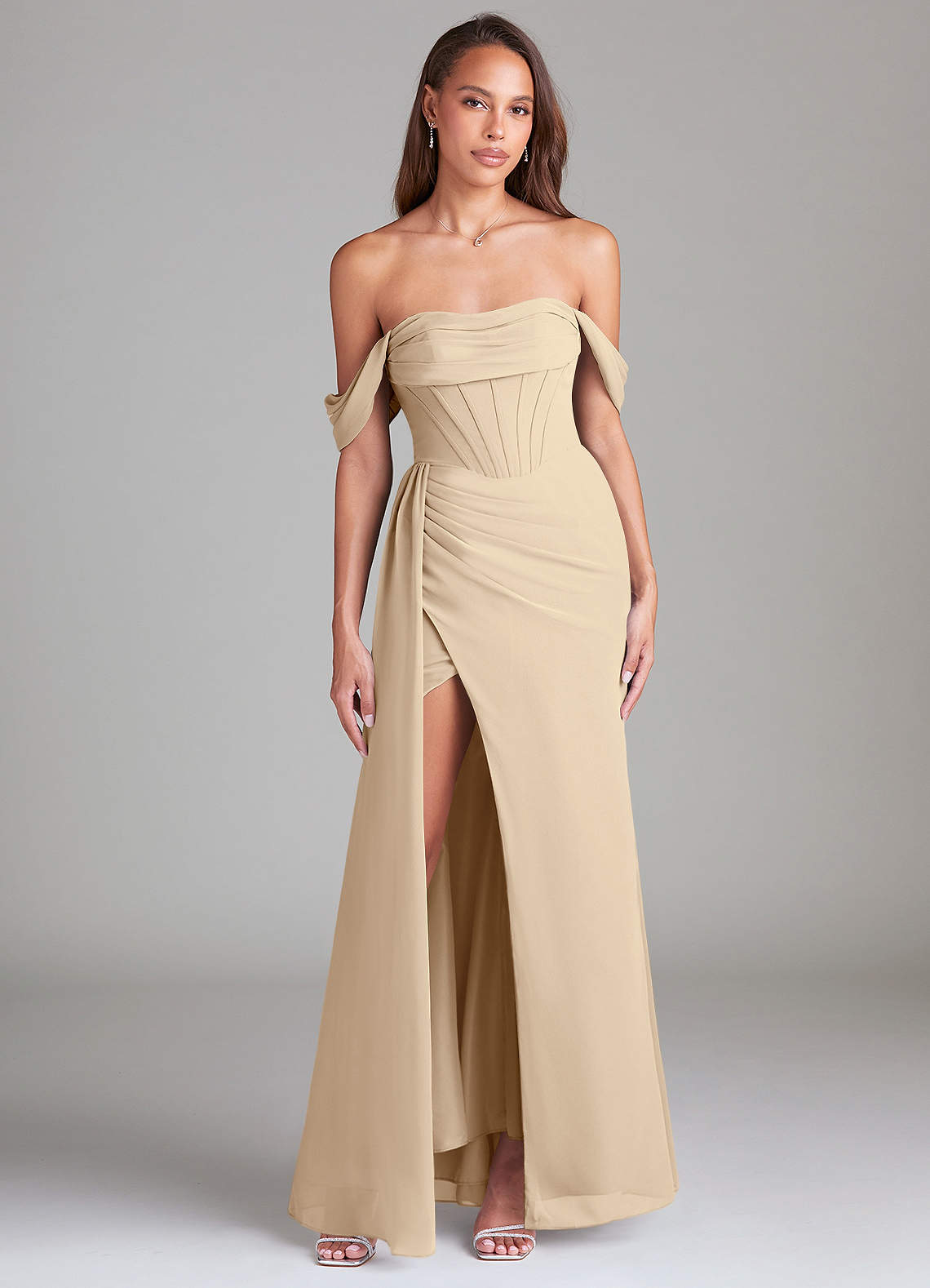 Azazie Amyra Bridesmaid Dresses Champagne Sheath Off the Shoulder Chiffon Convertible Dress image1