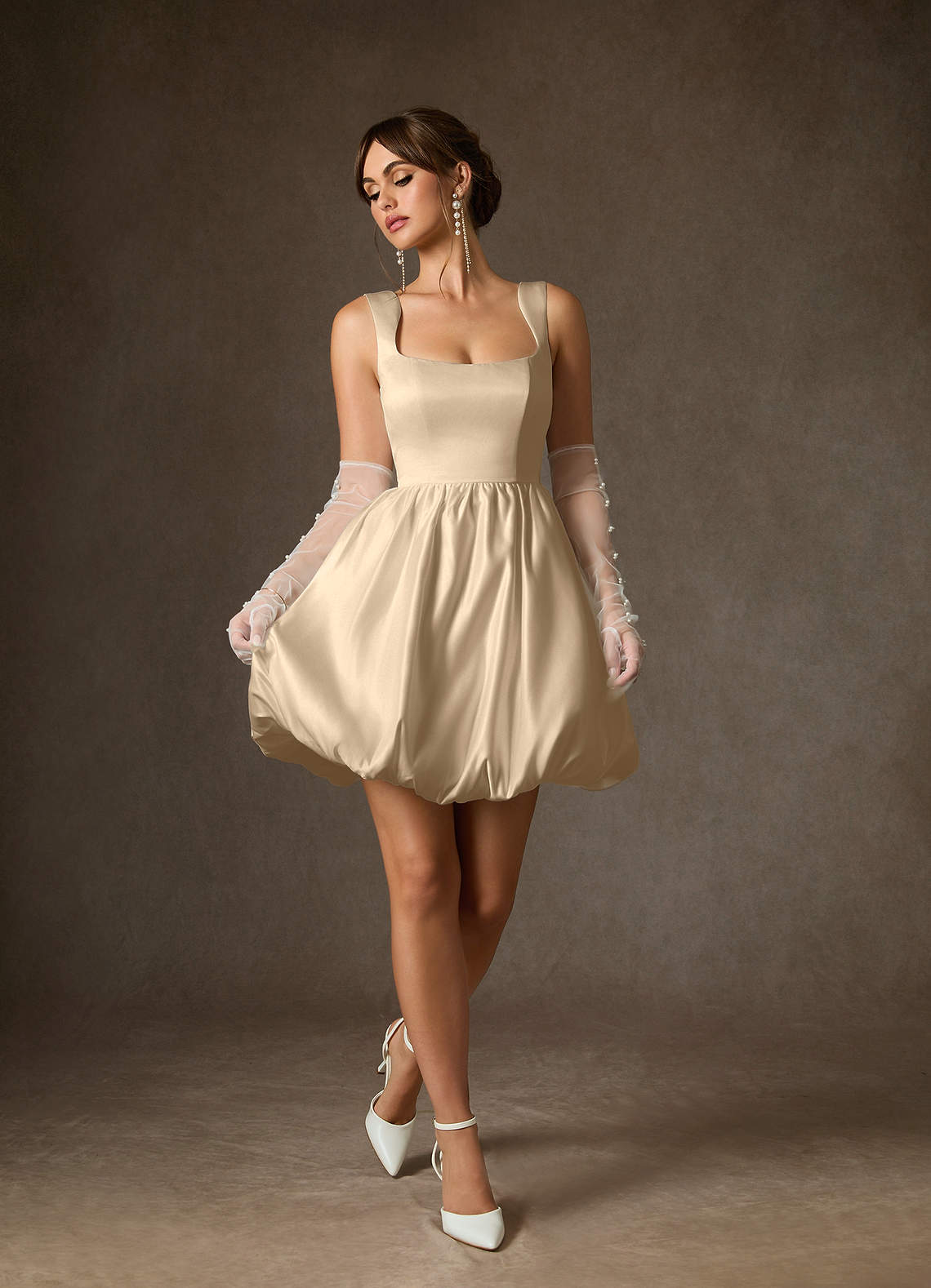 Azazie Blossom At-home Try On Dresses Champagne A-Line with Pockets Satin Dress image2