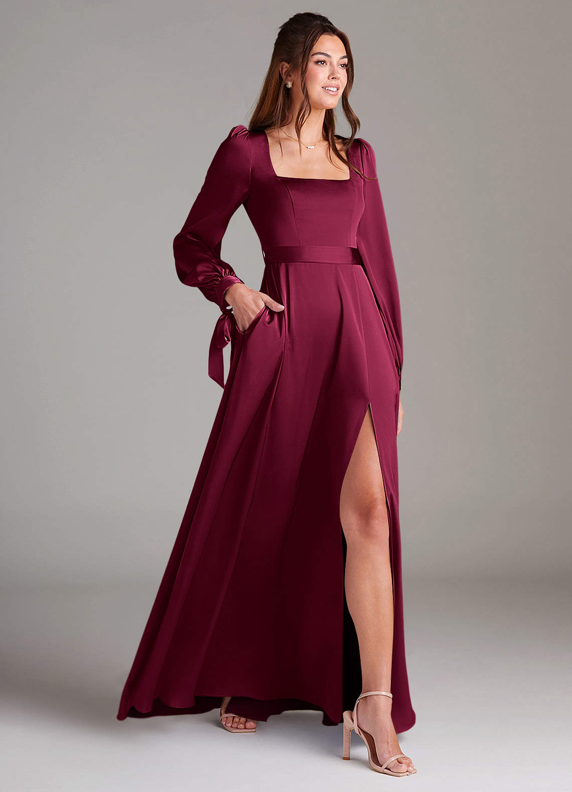 burgundy long sleeve bridesmaid dresses Burgundy Sequin Long Sleeve Satin Bridesmaid Dresses With Slit Lisposa