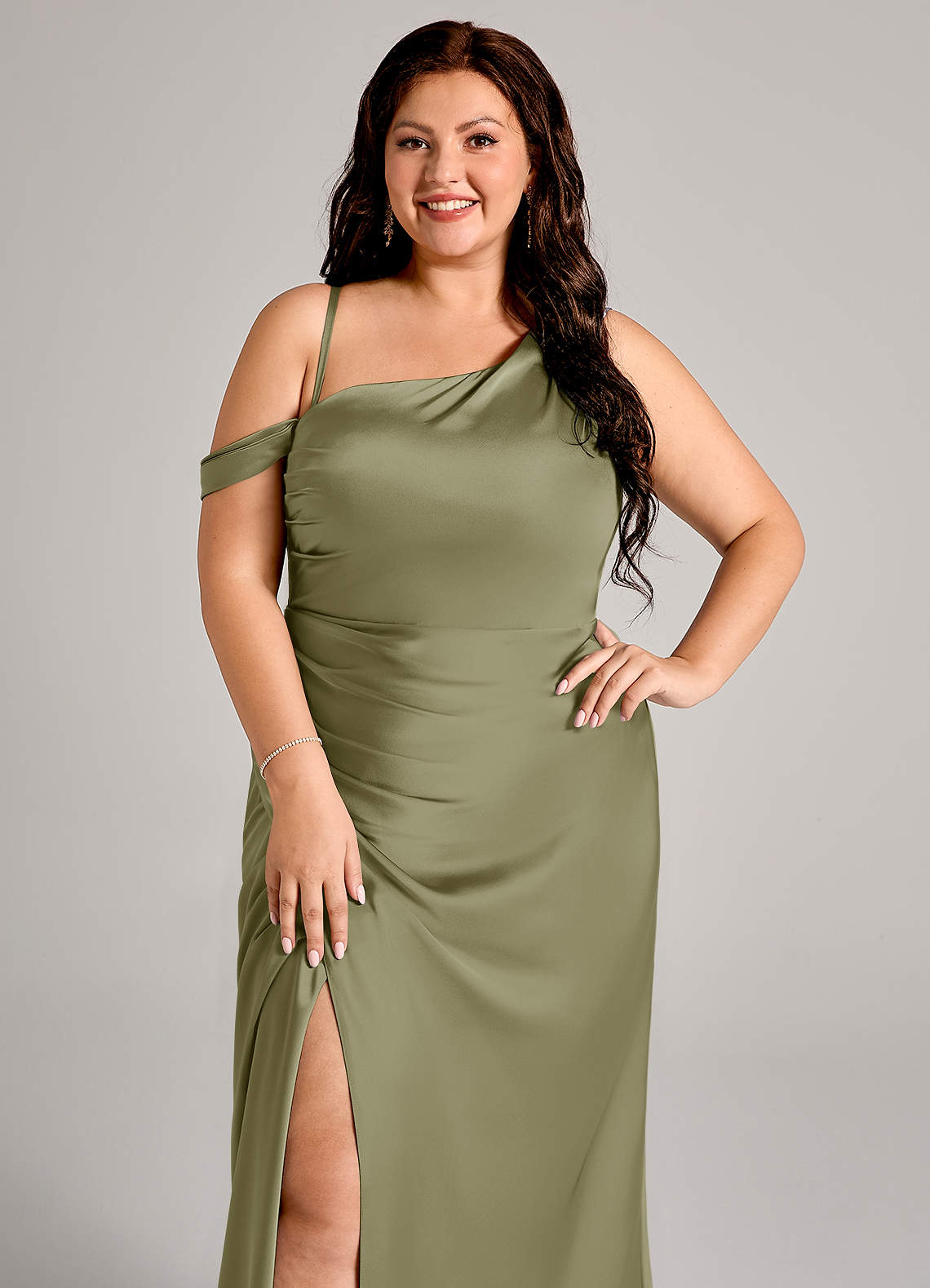 Azazie Madelyn Bridesmaid Dresses Pistachio Mermaid One Shoulder Stretch Satin Convertible Dress image10