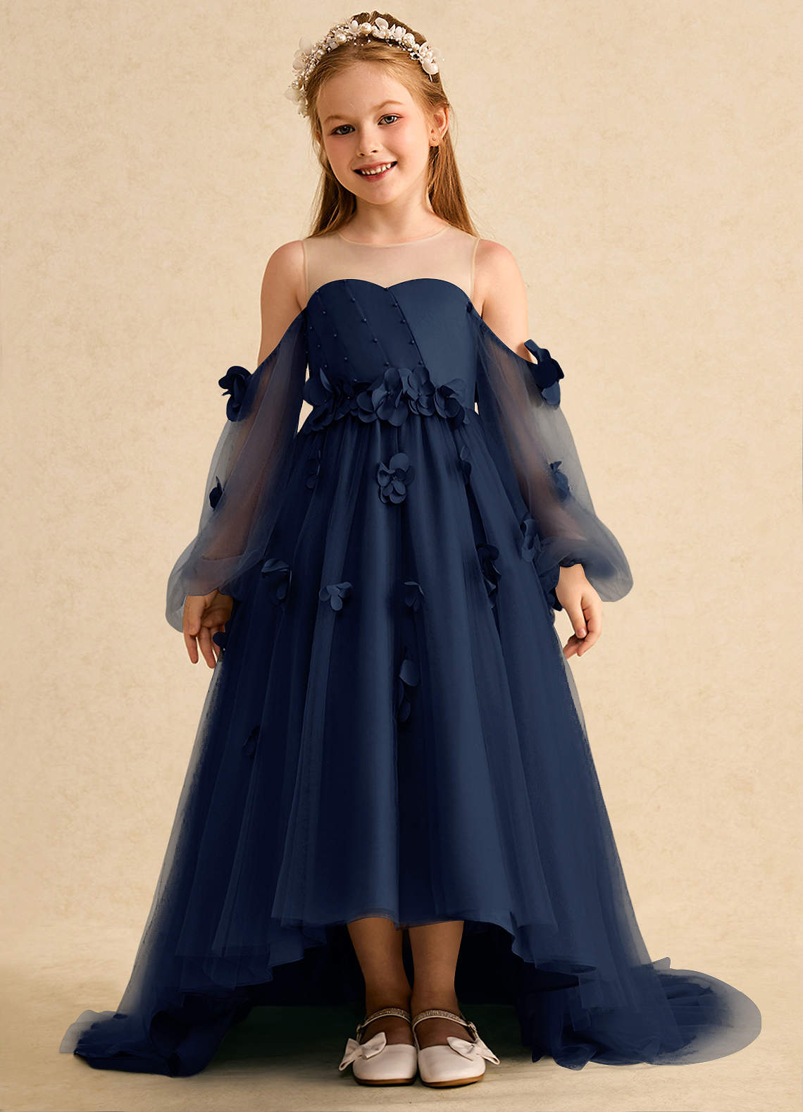Azazie Karrie Flower Girl Dresses Dark Navy A-Line with Sleeves Tulle Dress image1