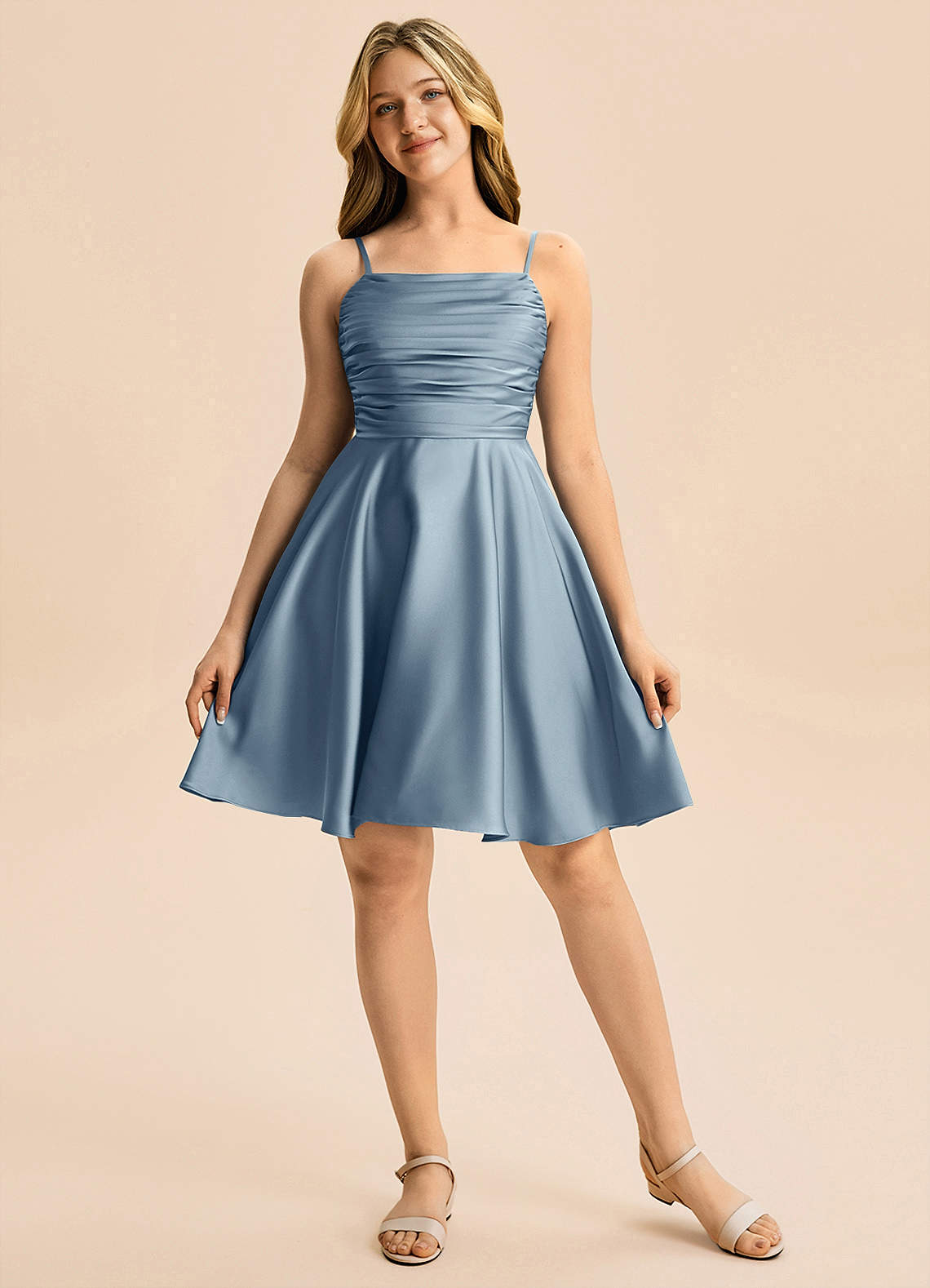 Azazie Miko Junior Dusty Blue A-Line Pleated Stretch Satin Dress image4