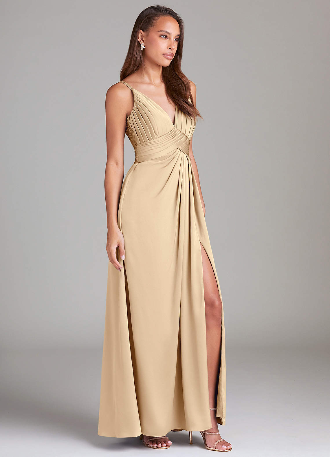 Azazie Maren Allure Robes de demoiselle d'honneur Robe Trapèze en Satin extensible Dentelle Champagne image3