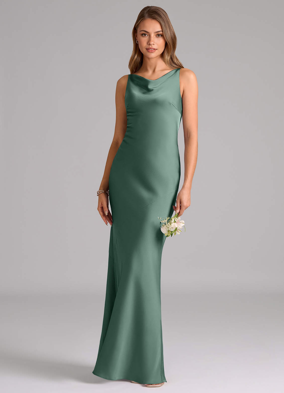 Azazie Allettie Bridesmaid Dresses Eucalyptus Mermaid Stretch Satin Dress image1