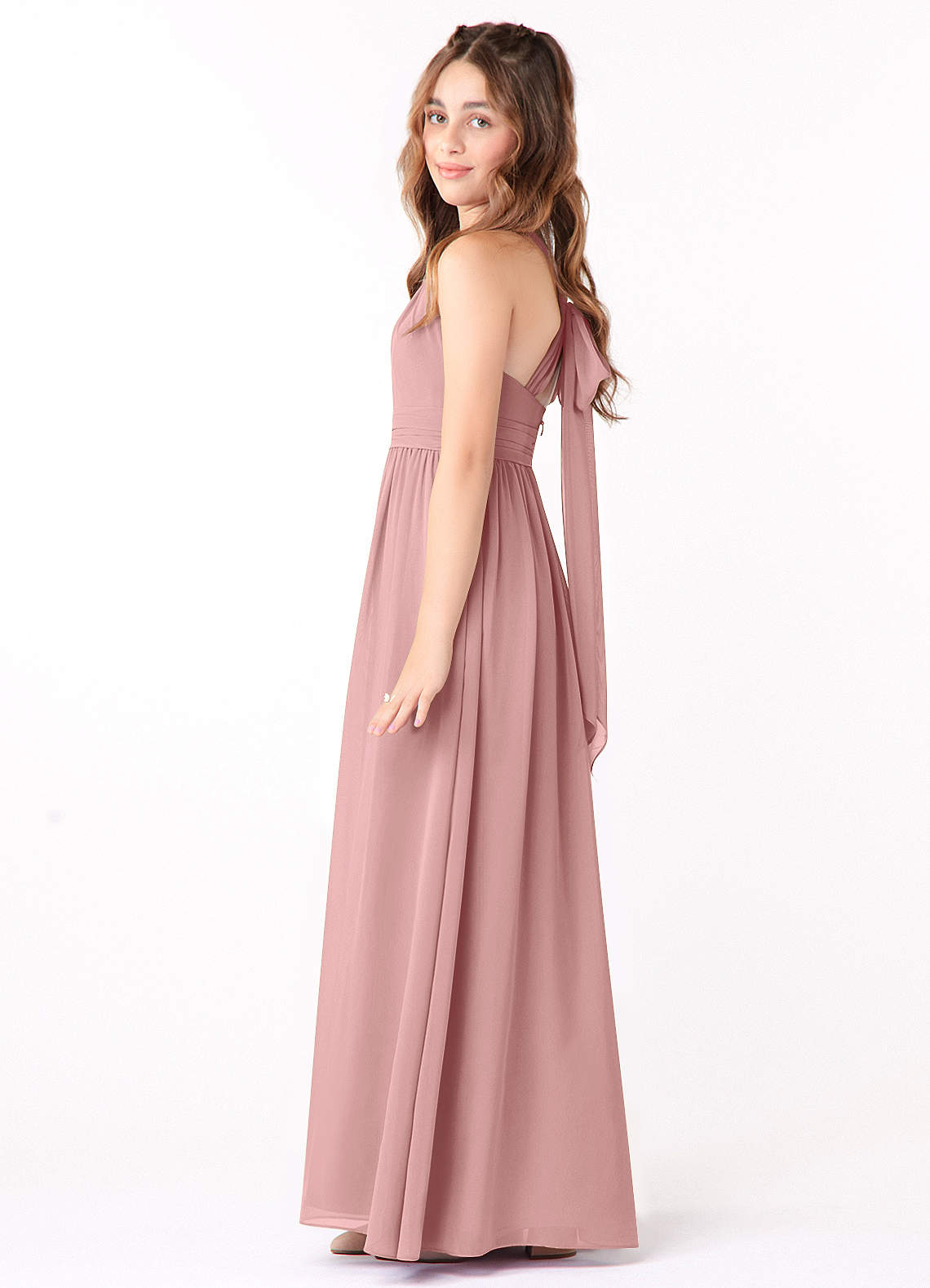 Azazie Jaylah Junior A-Linie Gestreift Chiffon Kleid Altrosa image1