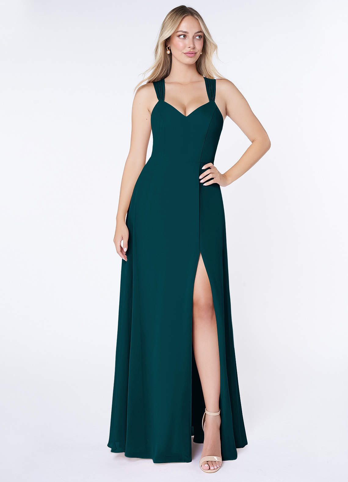Azazie Jane Robes de demoiselle d'honneur Robe Trapèze en Mousseline de soie Col V plissé Vert Pin image1