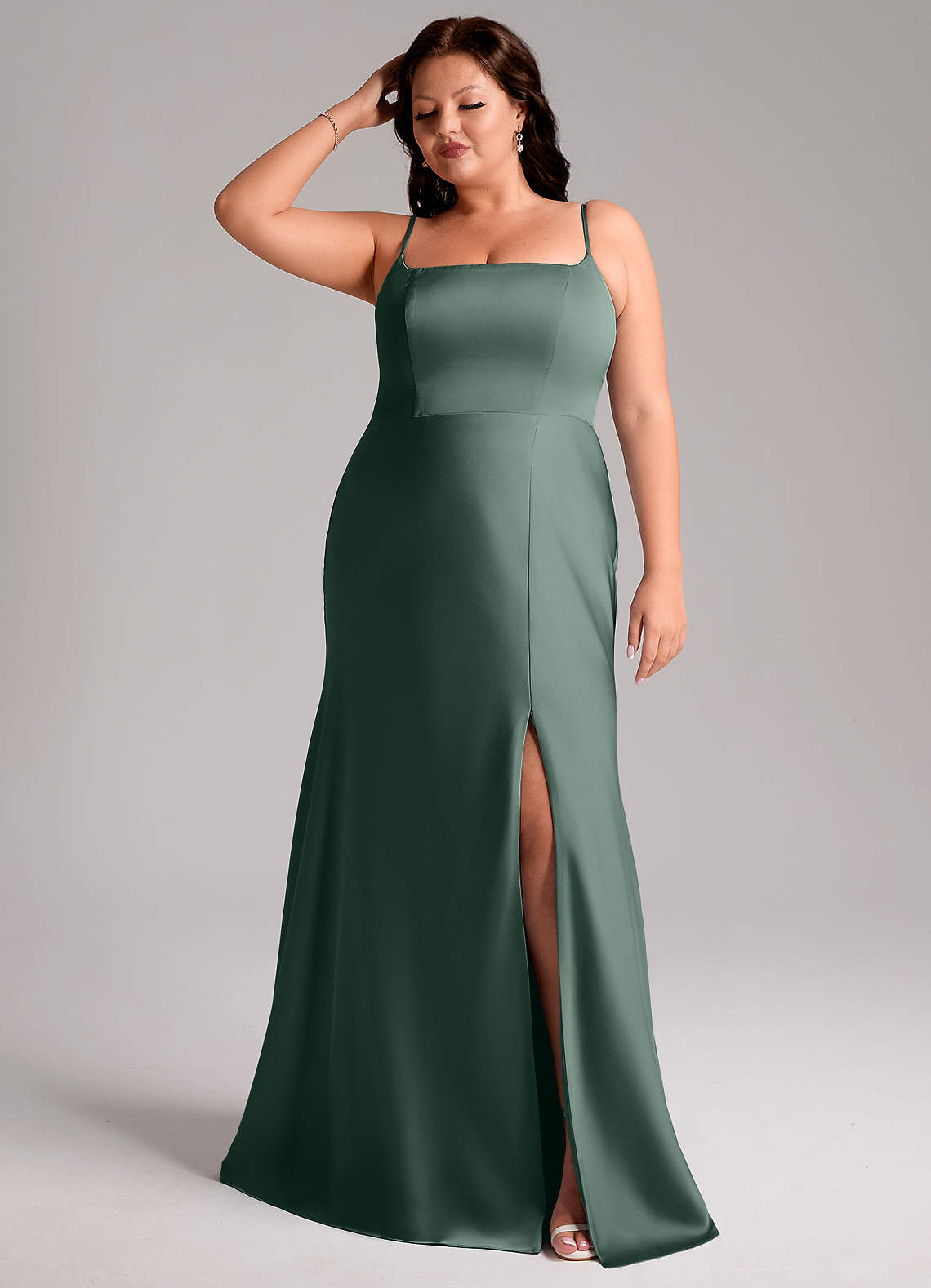 Azazie Lidia Bridesmaid Dresses Sea Moss Mermaid Side Slit Stretch Satin Dress image1