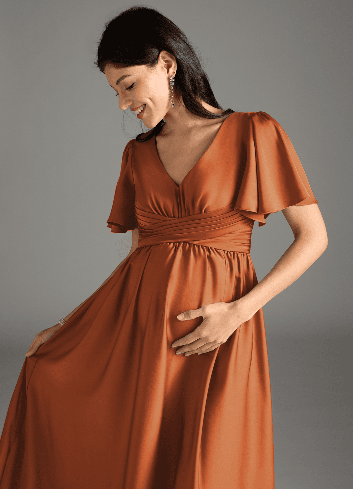 Azazie Verna Maternity Bridesmaid Dresses A-Line Ruched Stretch Satin Floor-Length Dress image1