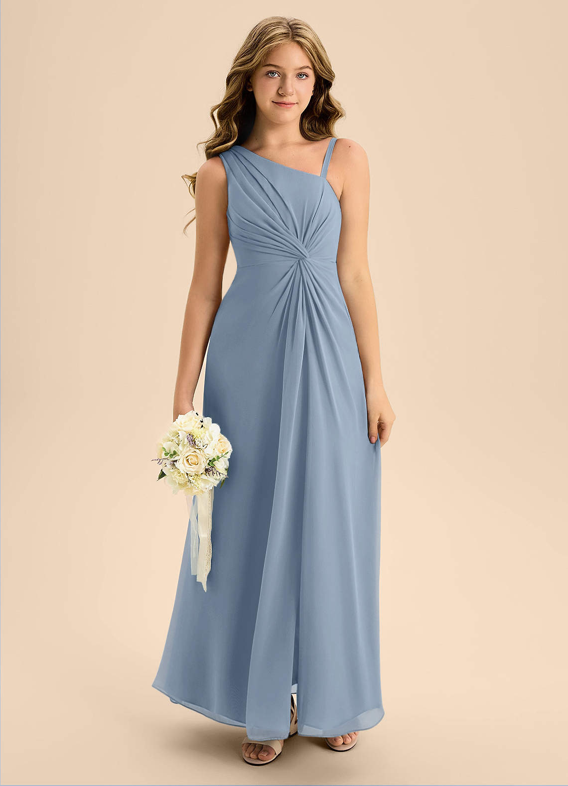 Azazie Brooke Junior Abito A-Line in Chiffon Spacco Laterale Blu Polveroso image2