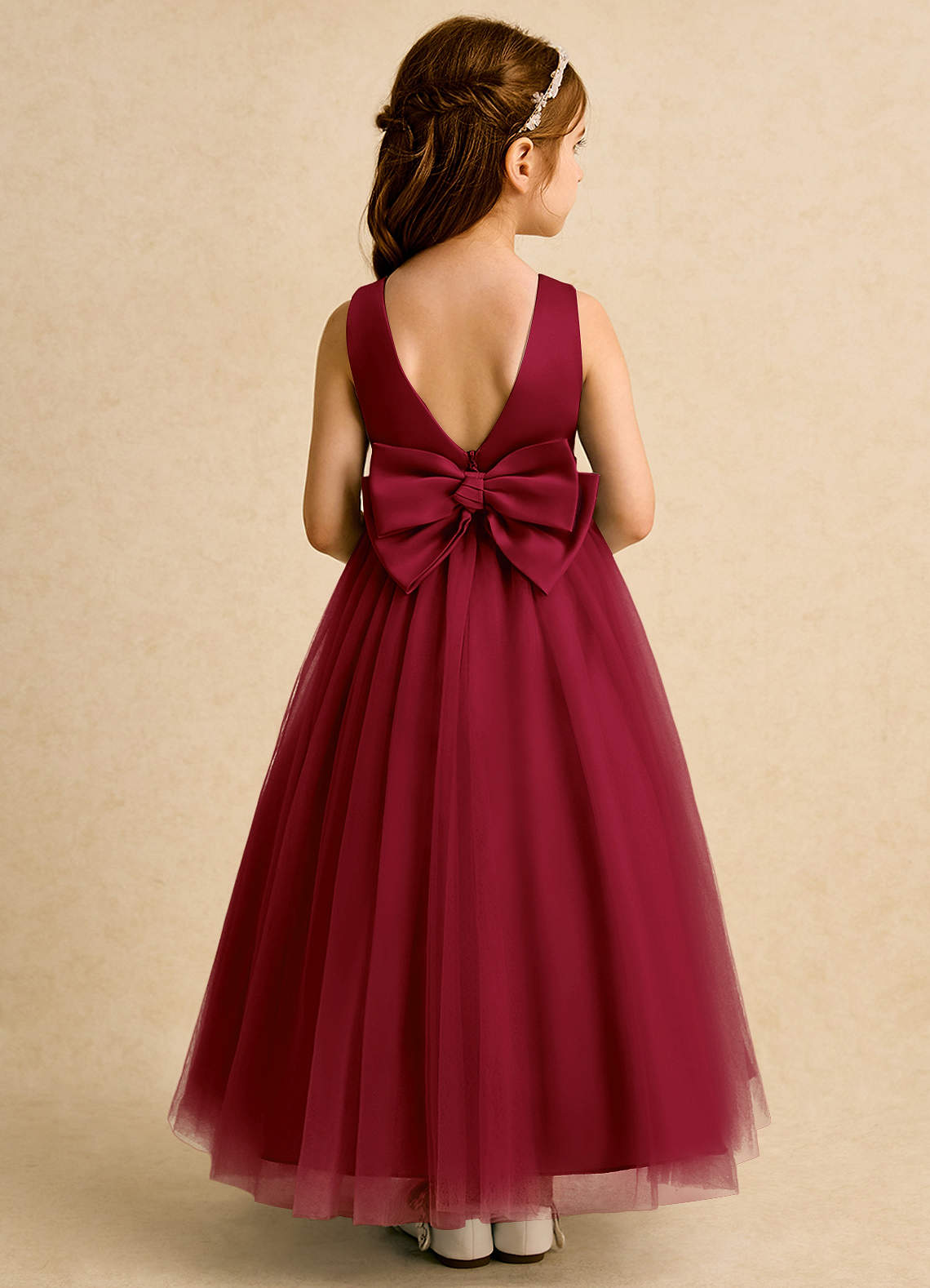 Azazie Lior Flower Girl Dresses Burgundy Ball-Gown Pleated Tulle Dress image4