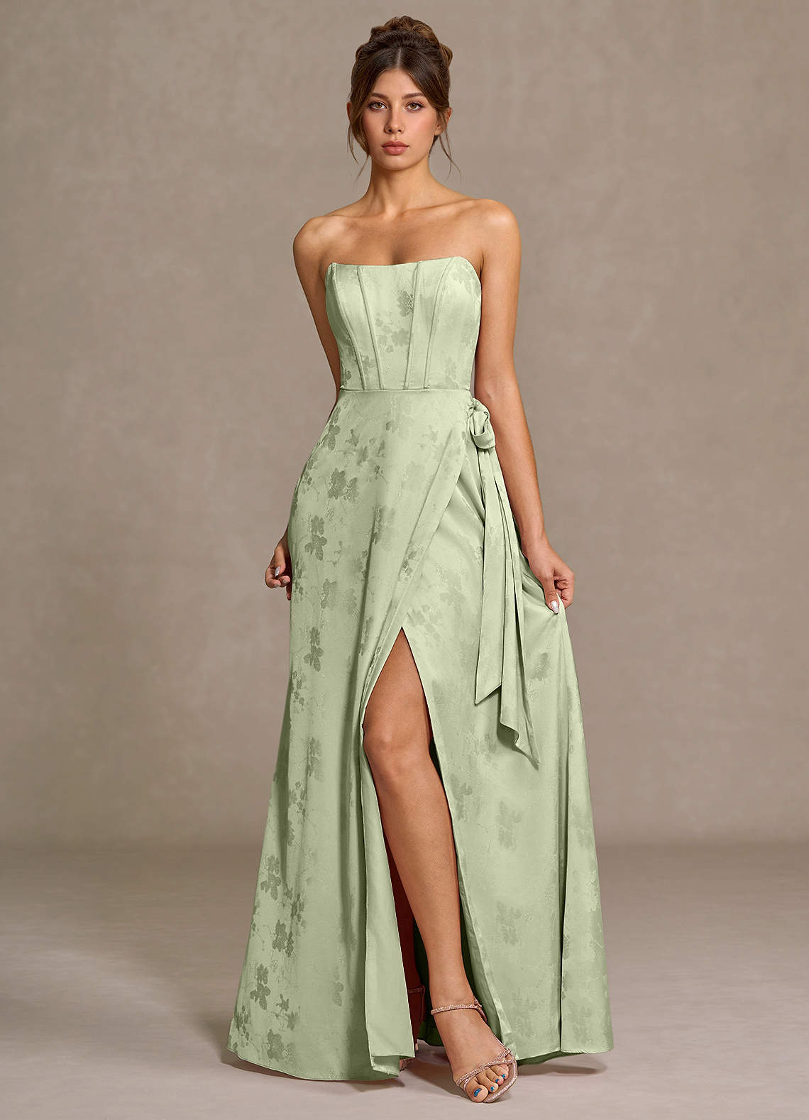 green emerald velvet dress Wedtrend Women Light Green Long Bridesmaid Dress with Flower A-Line Halter  Satin Hollow Out Wedding Guest Dress – WEDTREND main image 1