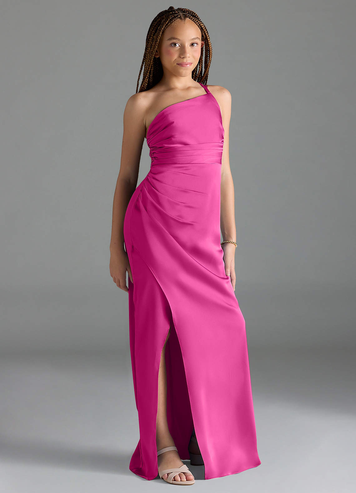 Azazie Eren Junior Vestido de Fucsia de Satén Elástico de Recto con Plisado image1