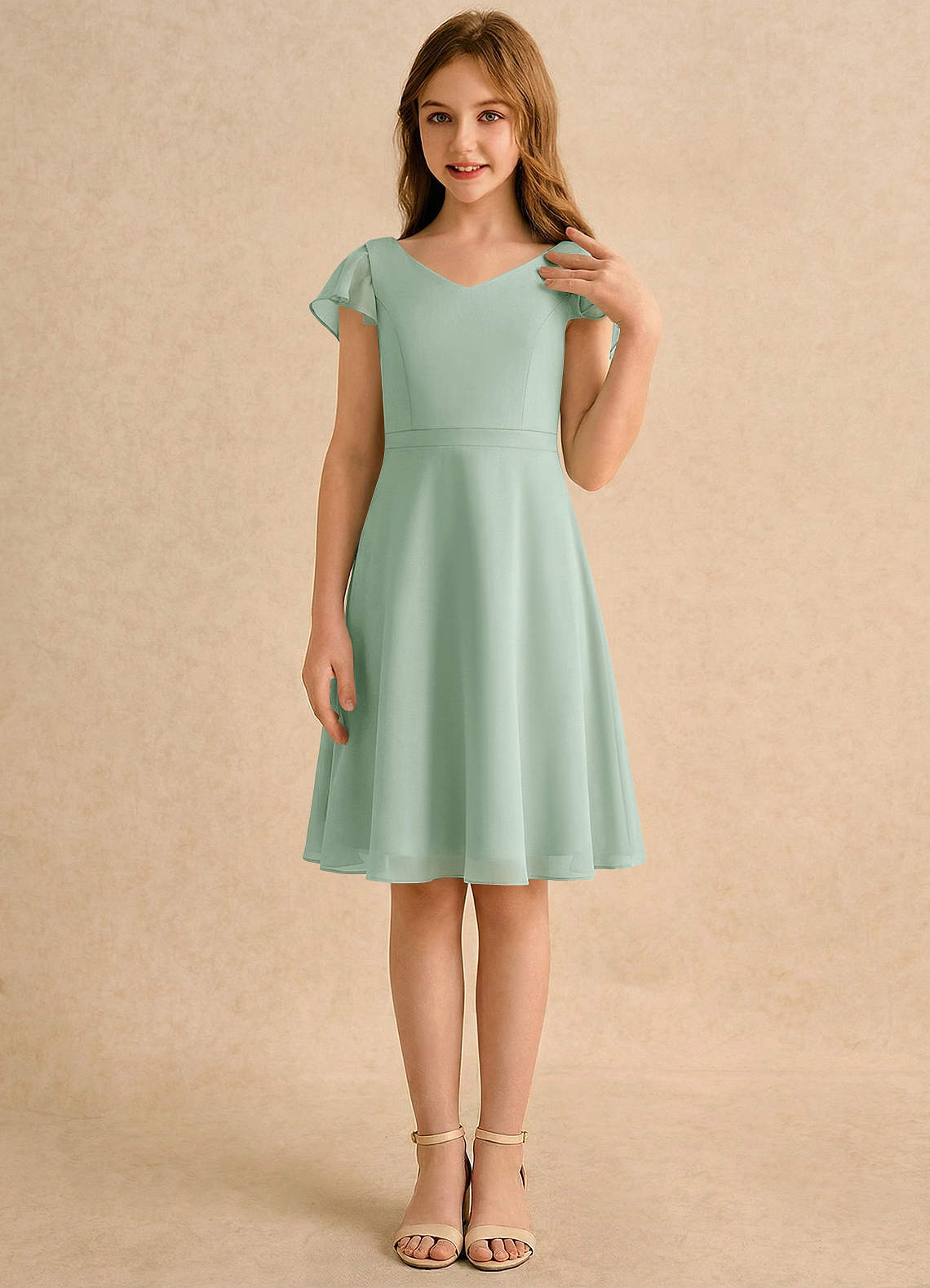 Azazie Narin Girls Formal Flower Girl Klänningar Klä A-Line i Chiffong med ärmar image3