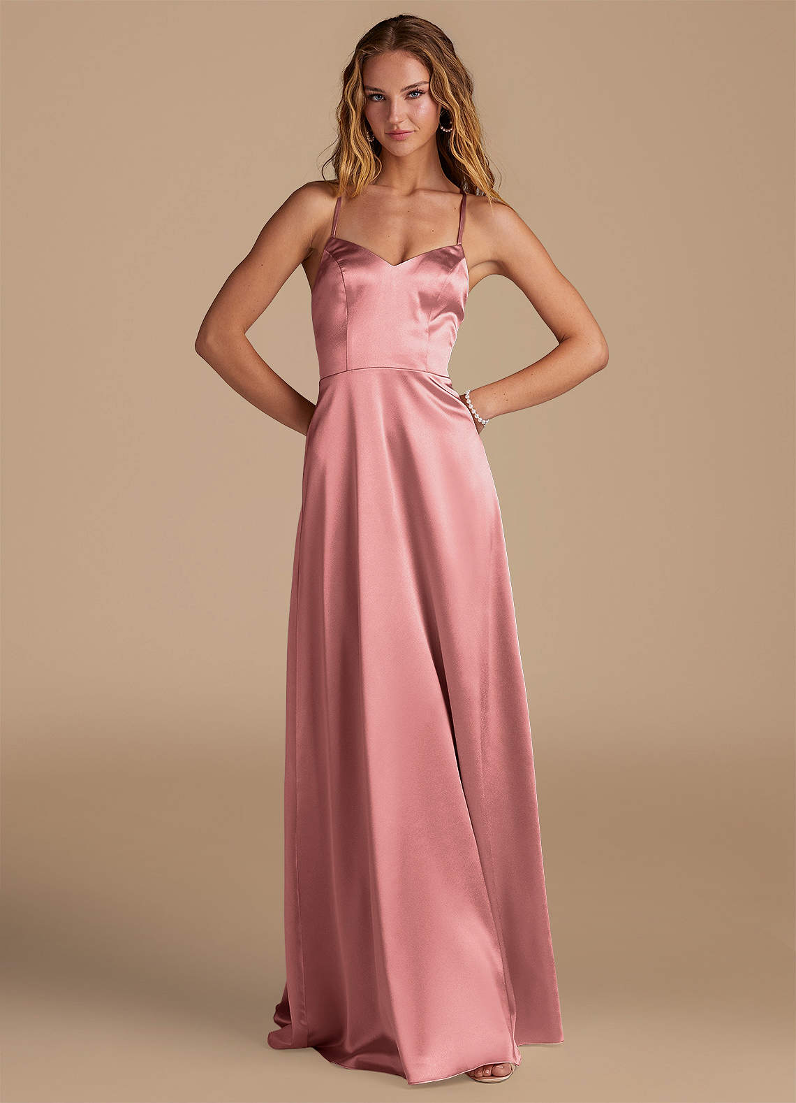 Azazie Mei Brautjungfernkleider A-Linie Metallischer Satin Kleid Rosettenrosa image1