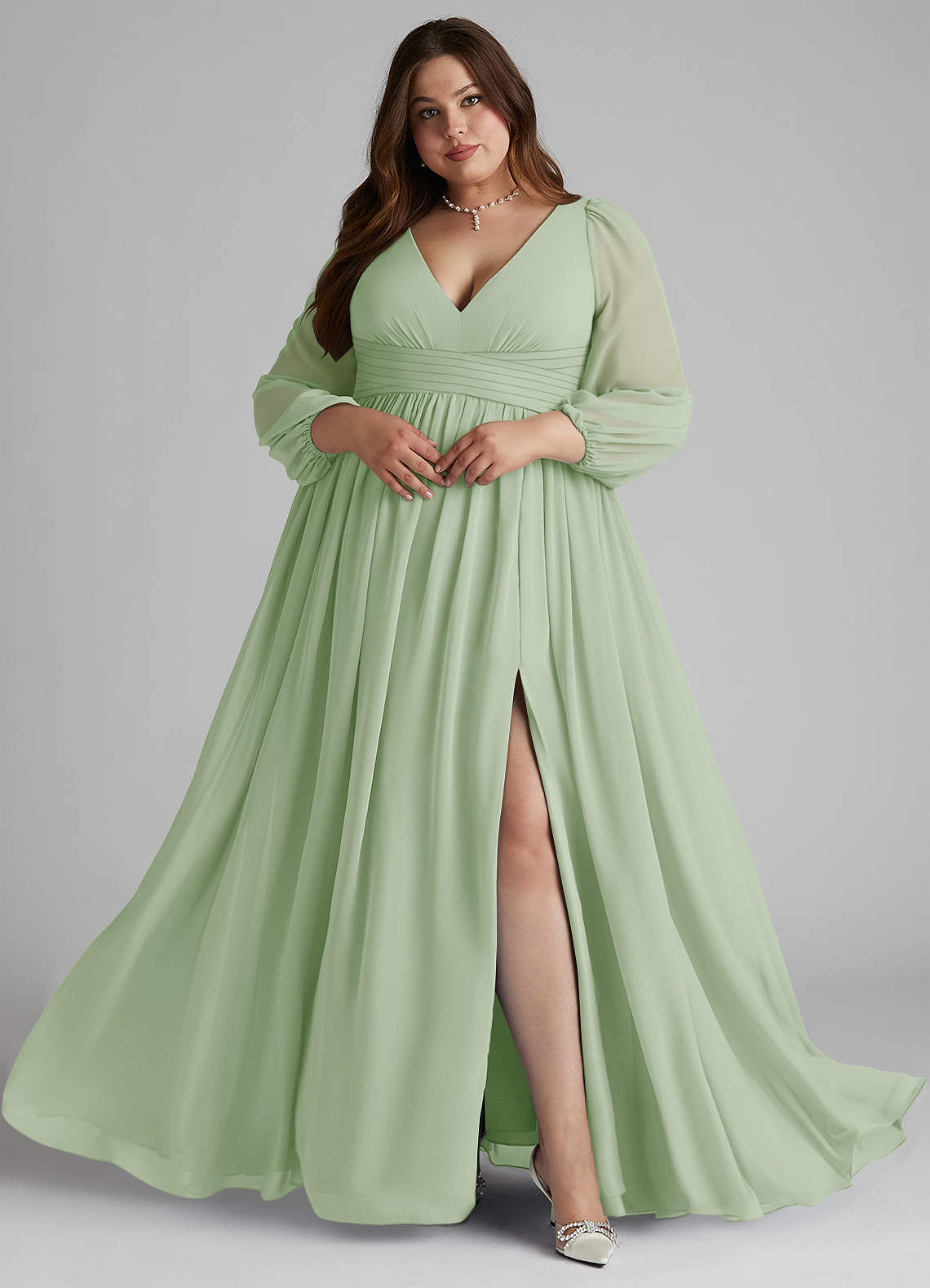 Azazie Norah Bridesmaid Dresses Dusty Sage A-Line V-Neck Long Sleeve Chiffon Dress image7