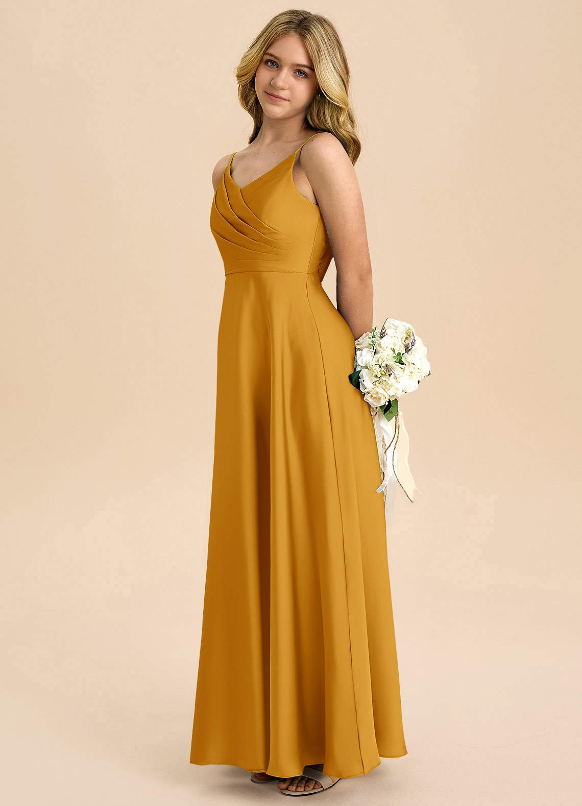 Azazie Bug Junior Robe Trapèze en Satin extensible Plissée Caramel écossais image6