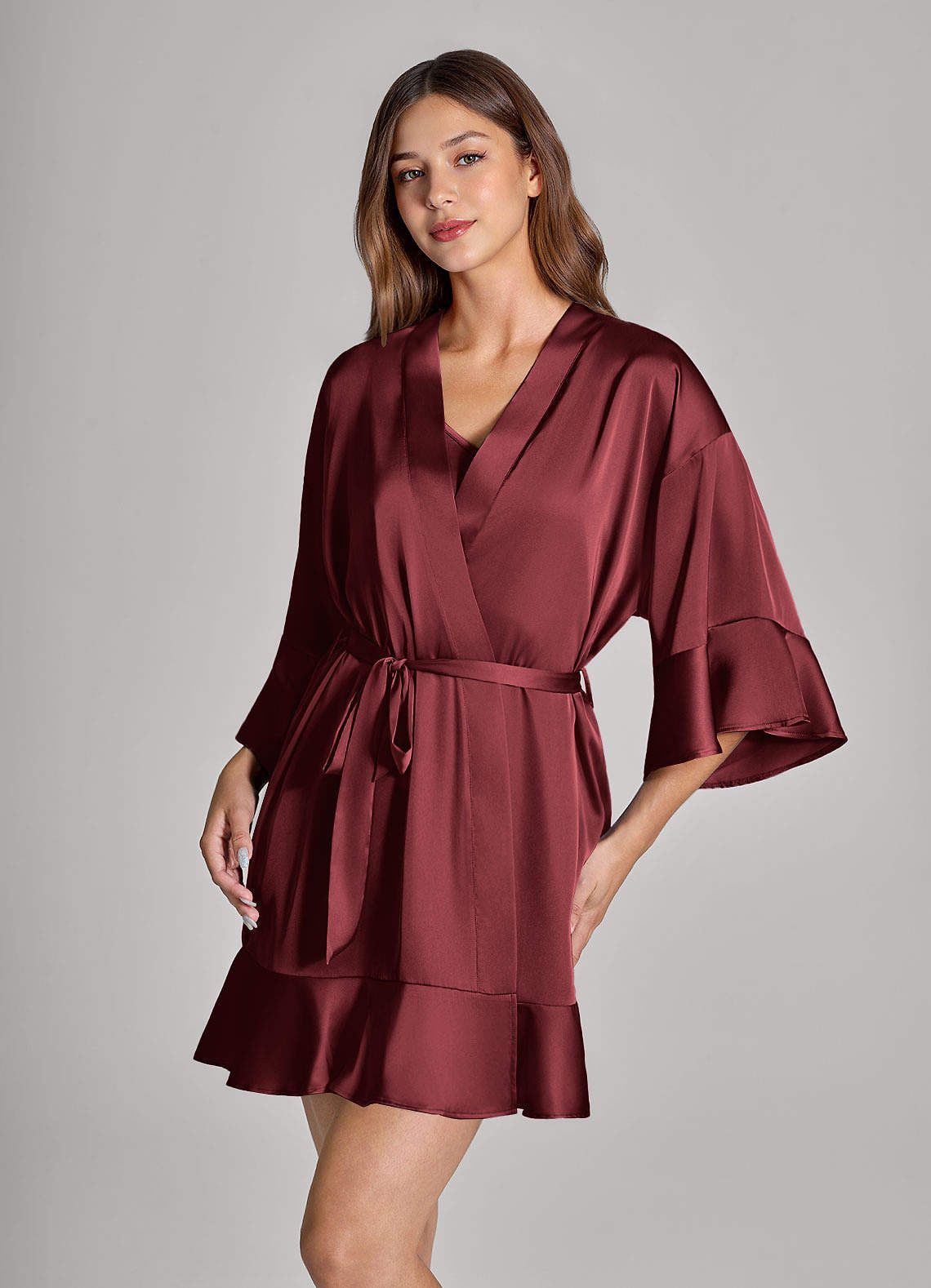 front 2-Piece Ruffle Satin Robe and Slip Set