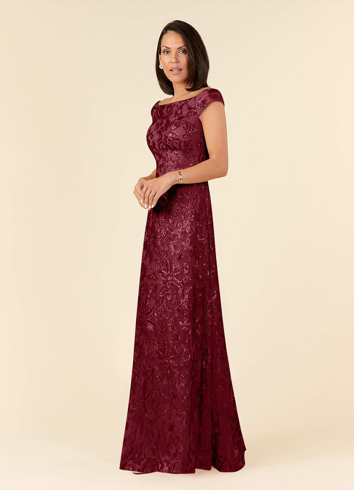 Azazie Porcelain Mother of the Bride Dresses Burgundy A-Line Off the Shoulder Lace Dress image1