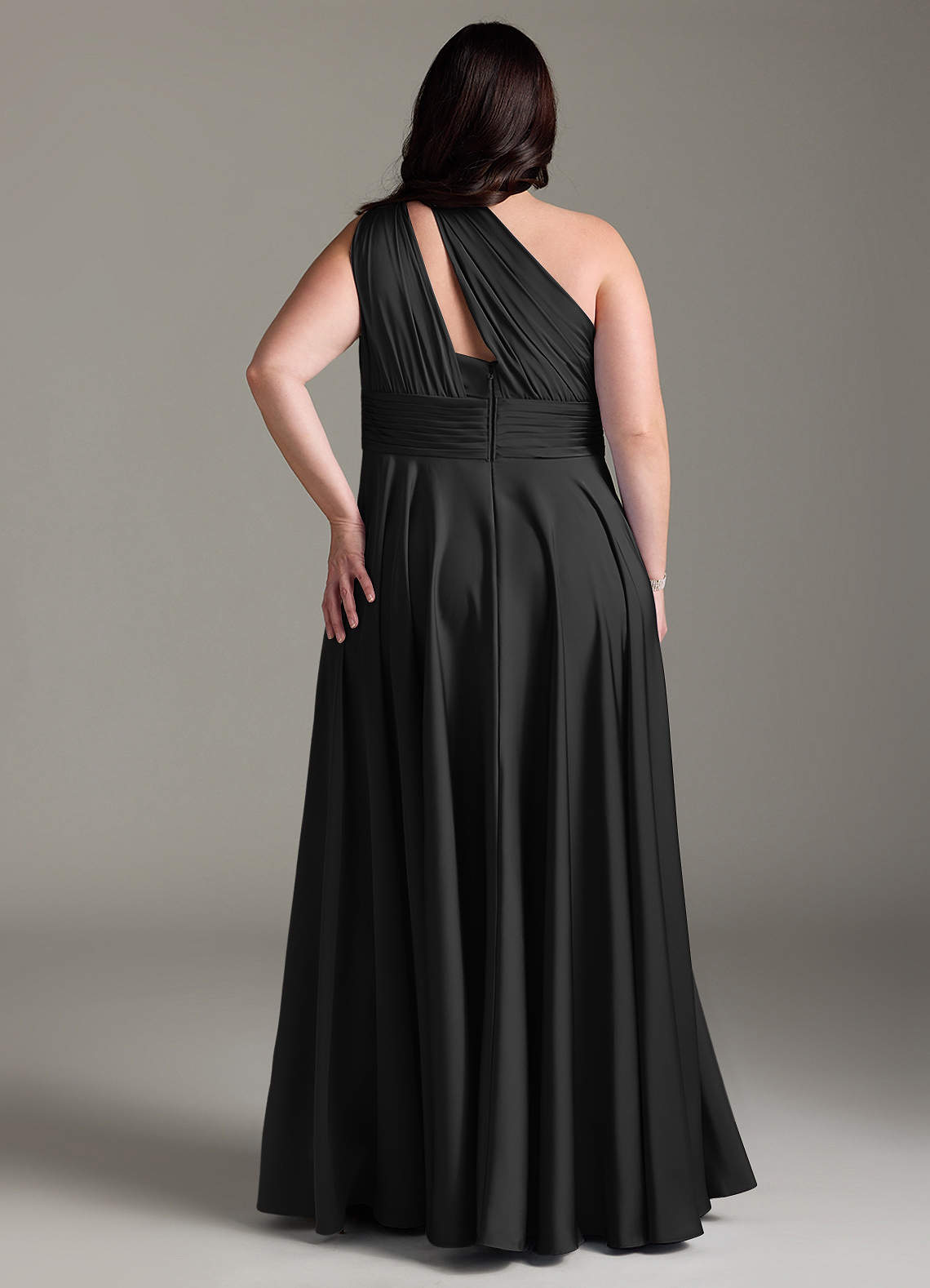 Azazie Charlize Bridesmaid Dresses Black A-Line One Shoulder Stretch Satin Dress image9