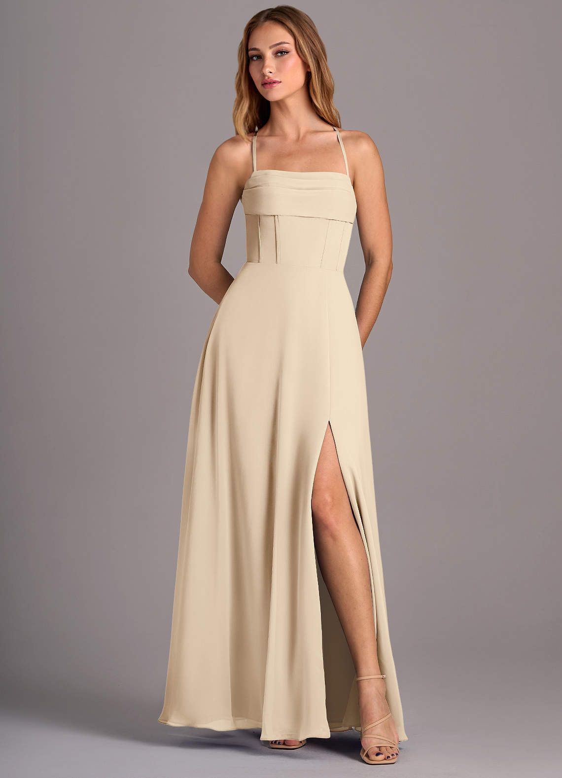 azazie champagne dress Carolyn length A Azazie | Champagne tones and