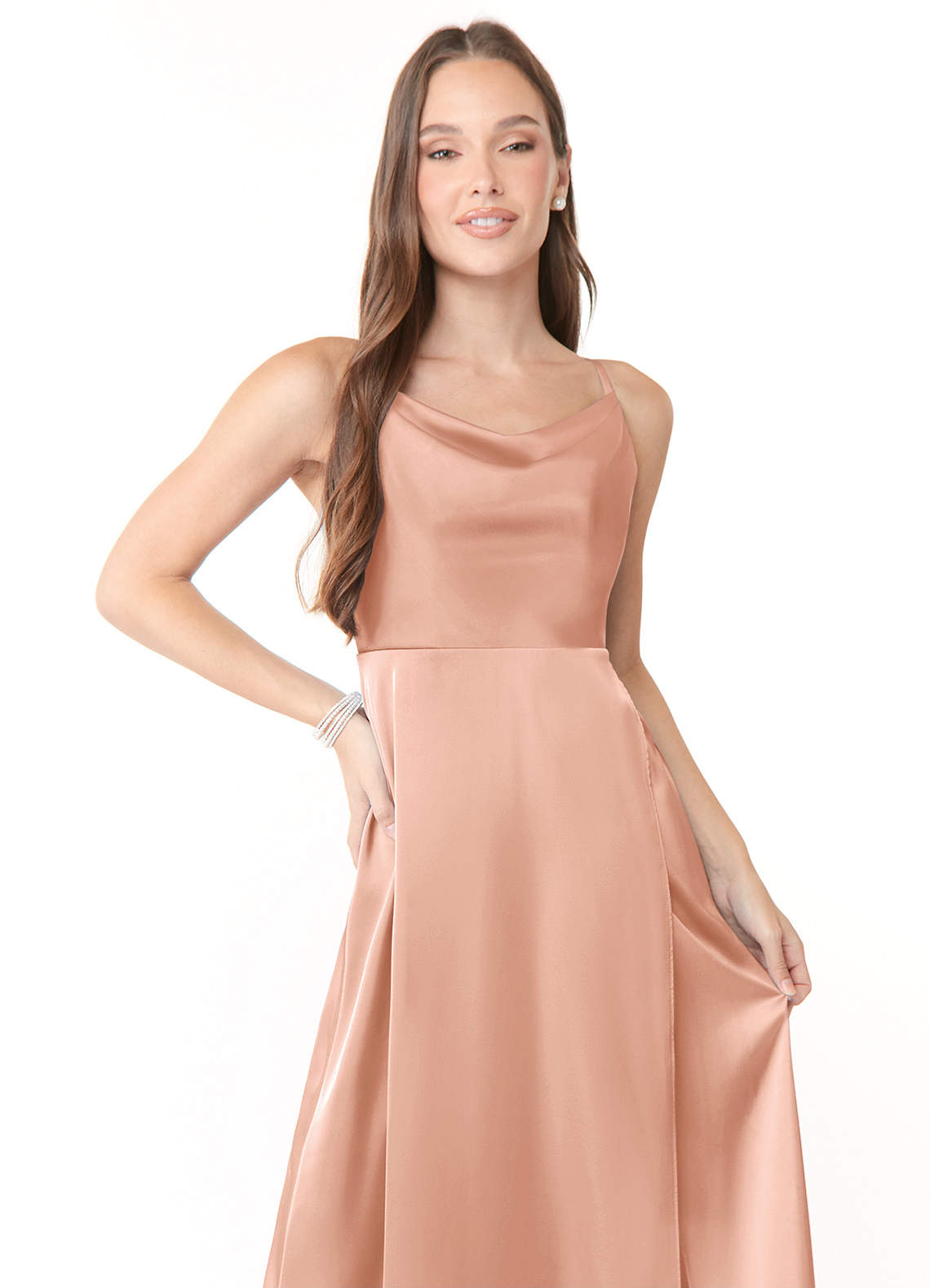 Azazie Naomie Ready to Ship Rose Gold Stretch Satin Bridesmaid Dresses | Azazie Azazie Naomie Ready to Ship Rose Gold Stretch Satin Bridesmaid Dresses | Azazie
