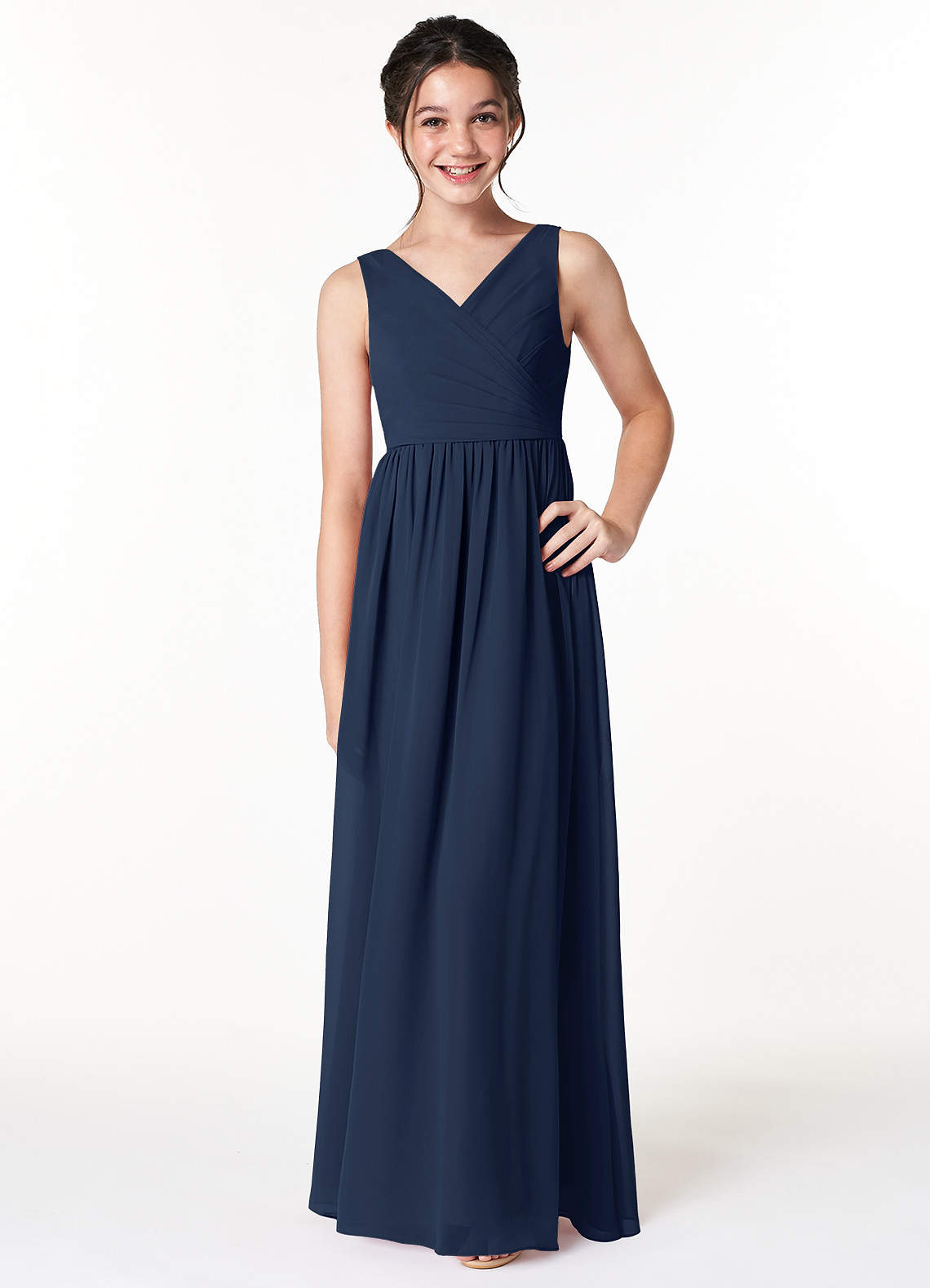 Azazie Sawyer Junior Dark Navy A-Line Pleated Chiffon Dress image1