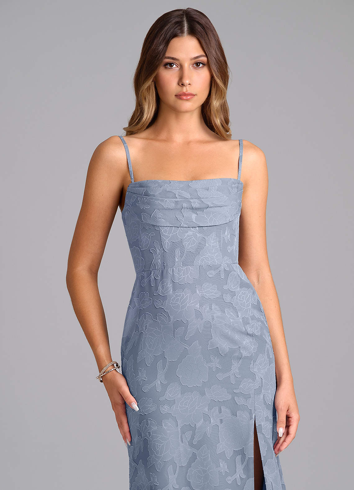 Azazie Saige At-home Try On Dresses Dusty Blue A-Line Off the Shoulder Floral Burnout Convertible Dress image1