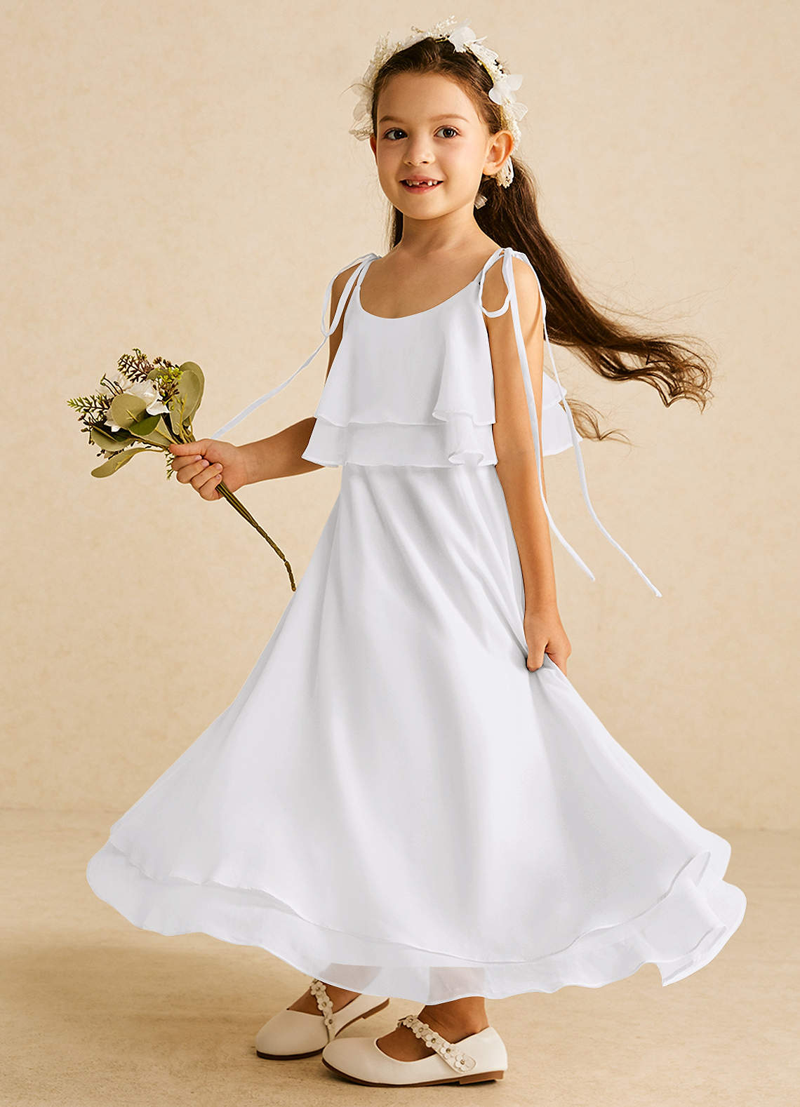 Azazie Temi Flower Girl Dresses White A-Line Spaghetti Strap Chiffon Dress image1