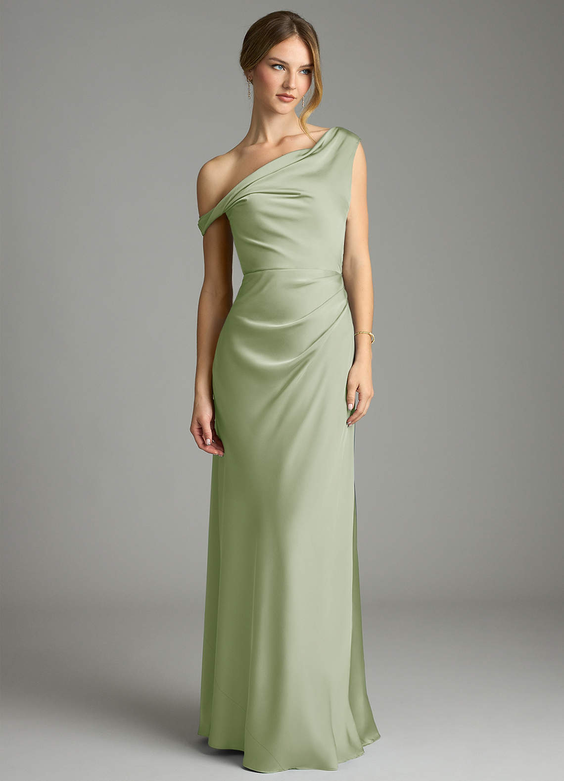 Azazie Emerson Bridesmaid Dresses Dusty Sage Mermaid Off the Shoulder Stretch Satin Dress image3