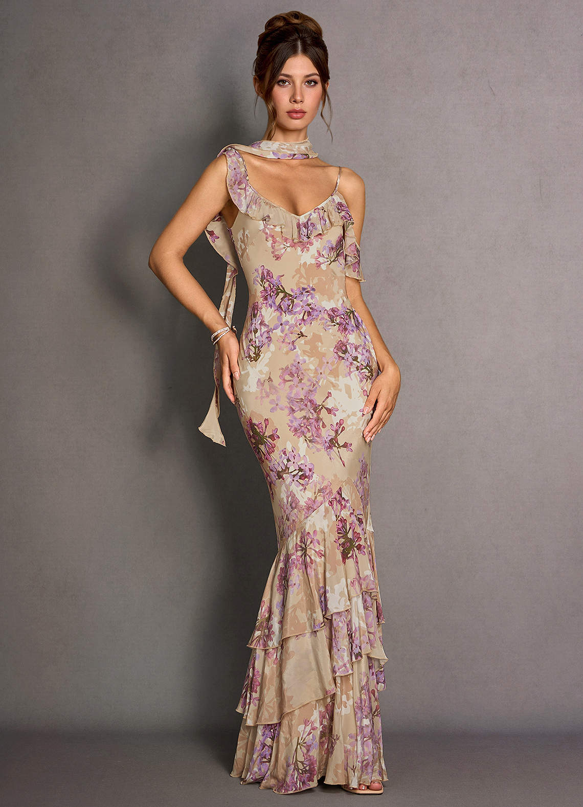 vanilla pink dress Women's Aurora A-line Ruffle Trim Cotton Silk Maxi Dress XS/S/M/L Vanilla/Pink Floral MEAN BLVD S / Vanilla/Pink / Floral