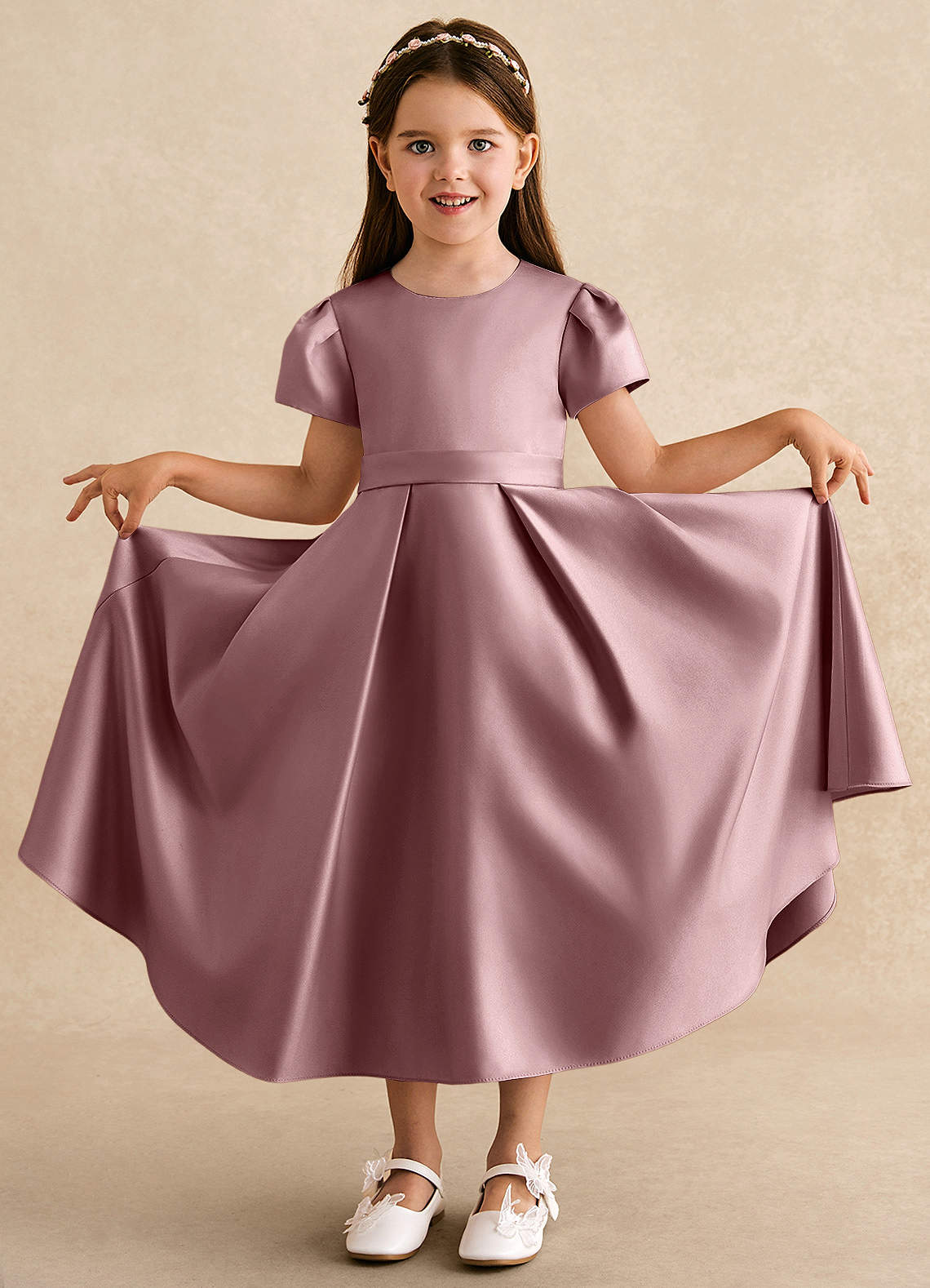 Azazie Princess Flower Girl Dresses Dusty Rose A-Line Pleated Matte Satin Dress image2