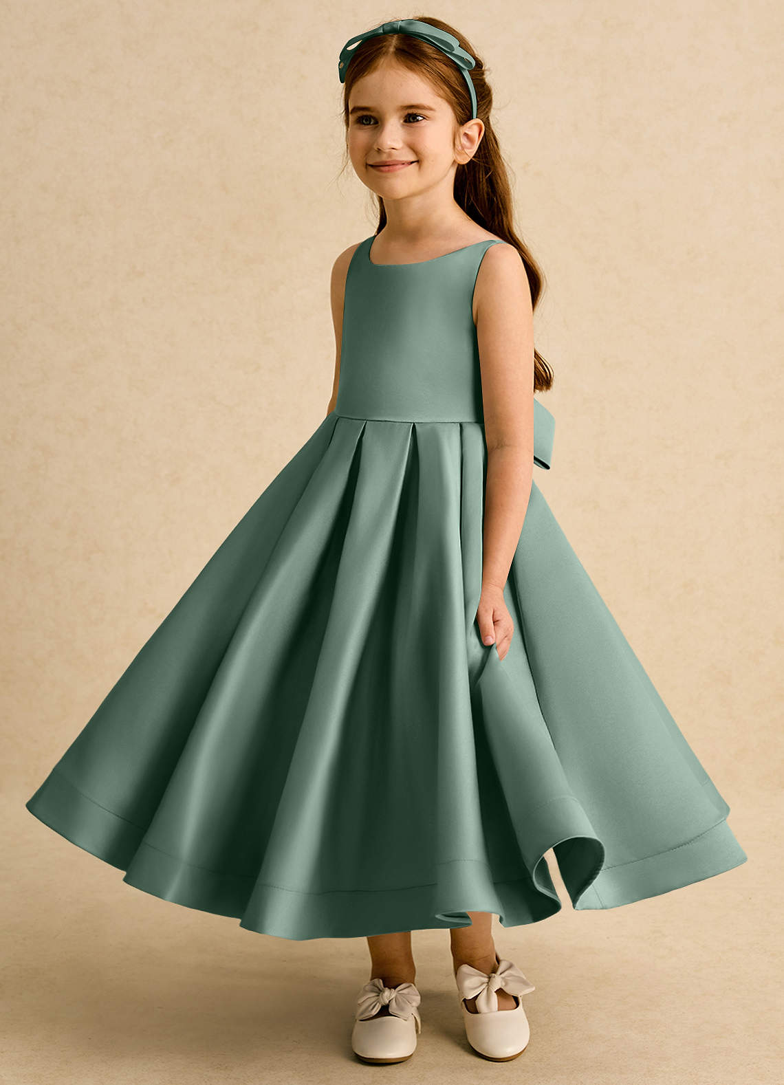 Azazie Babs Flower Girl Dresses Eucalyptus Ball-Gown Pleated Matte Satin Dress image4