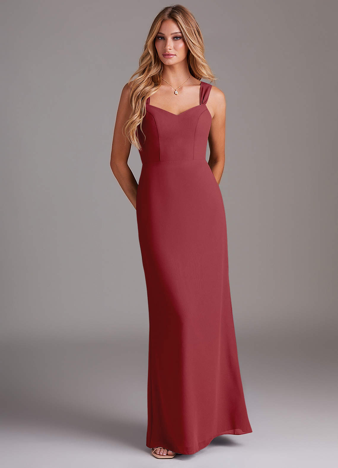 Azazie Denice Brautjungfernkleider Etui Gefaltet Chiffon Kleid Granatapfelrot image1