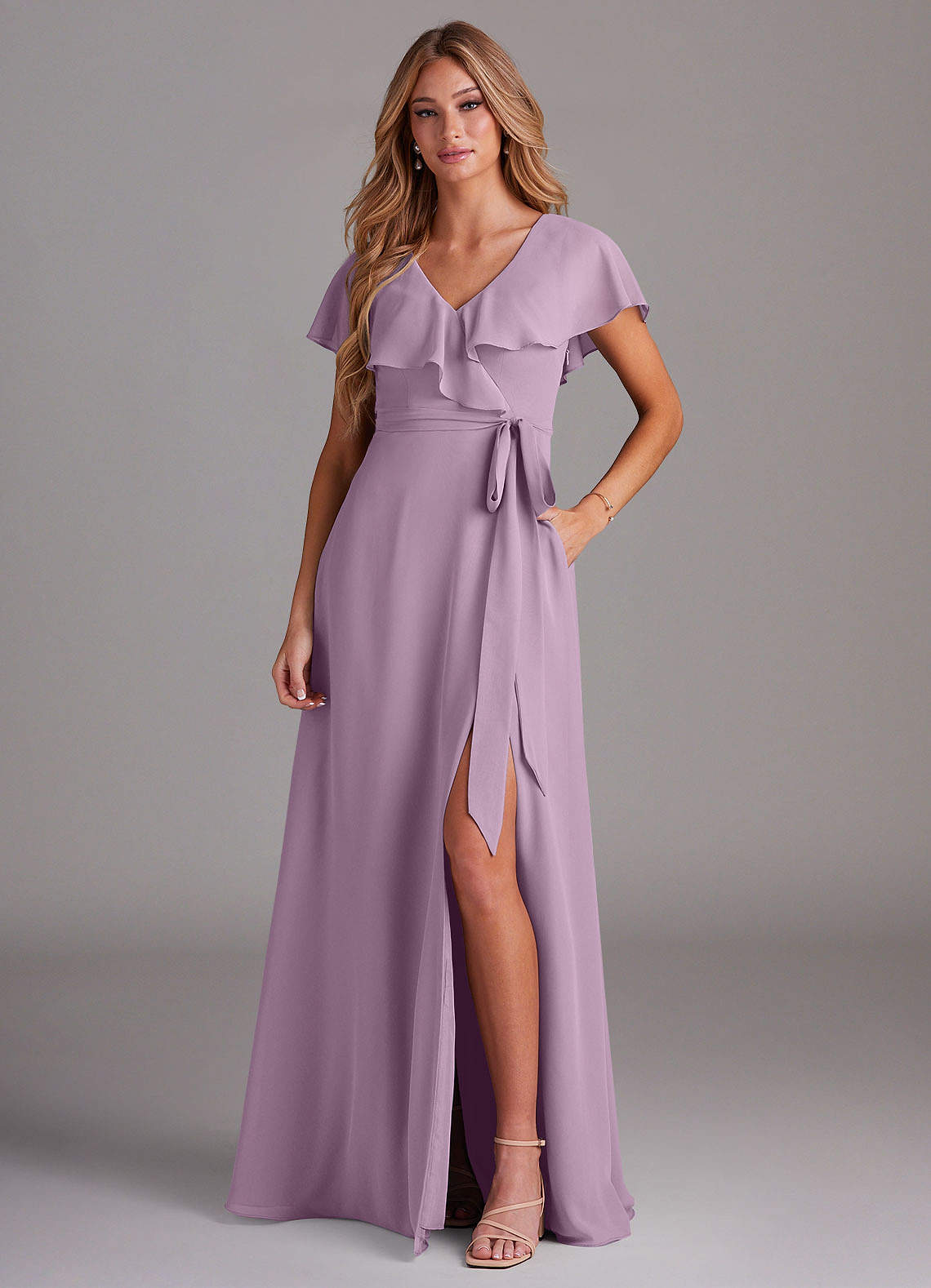 Azazie Lainey Bridesmaid Dresses Wisteria A-Line with Pockets Chiffon Dress image1